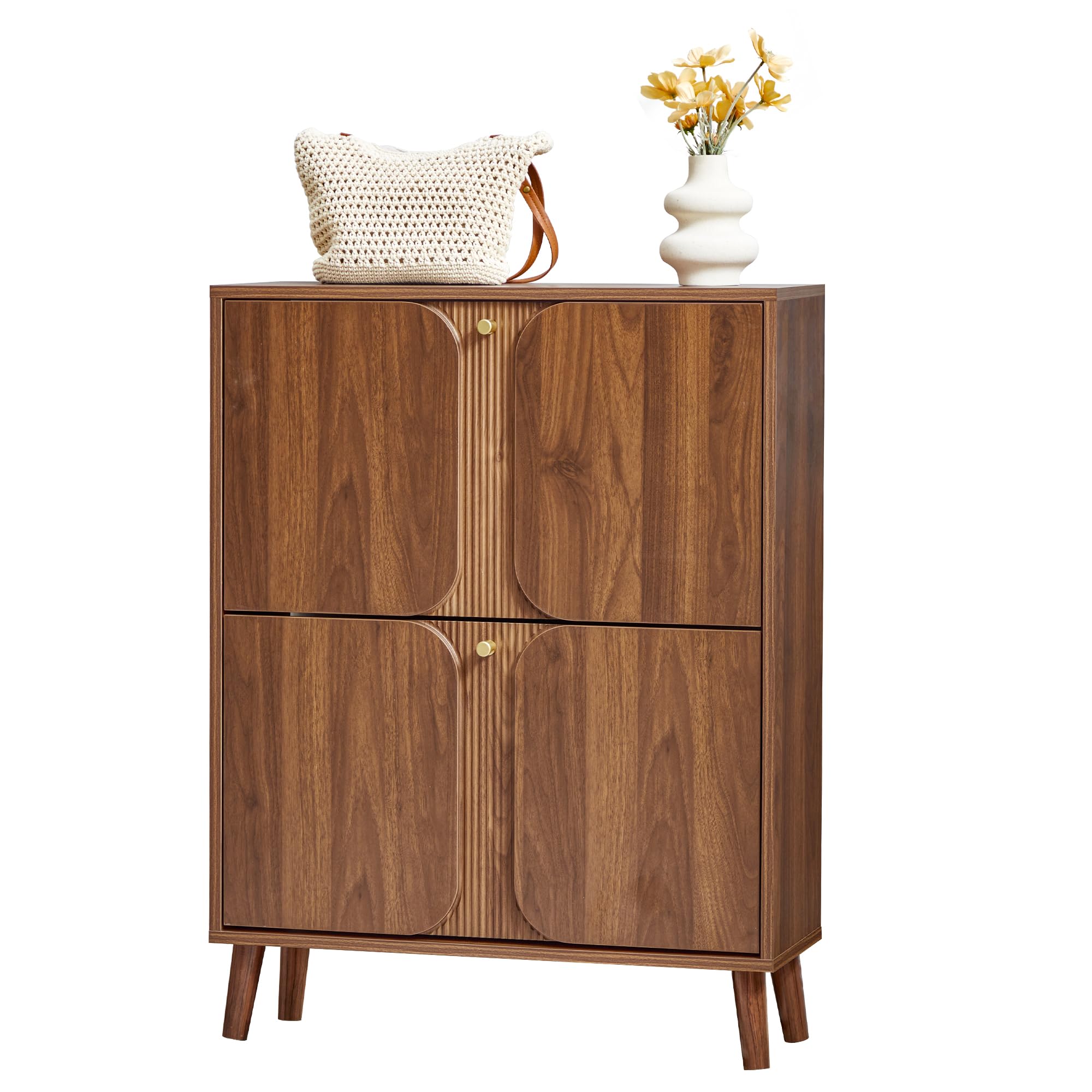 BERRYMERRY 31.5” Fluted Shoe Storage Cabinet with 2 Flip Drawers,Freestanding Narrow Shoe Organizer Cabinet with Wave Profile for Entryway,Hallway,Living Room