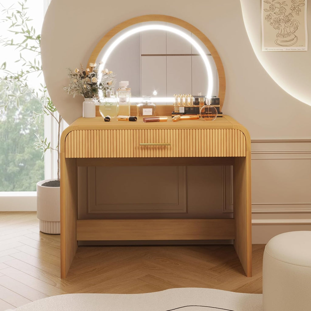 Virubi 39" Minimalist Makeup Vanity Table with Semicircle Mirror, Wood Modern Dressing Table with Touch Screen Lighted Mirror & Storage Drawer & Curved Edges for Bedroom (Natural)