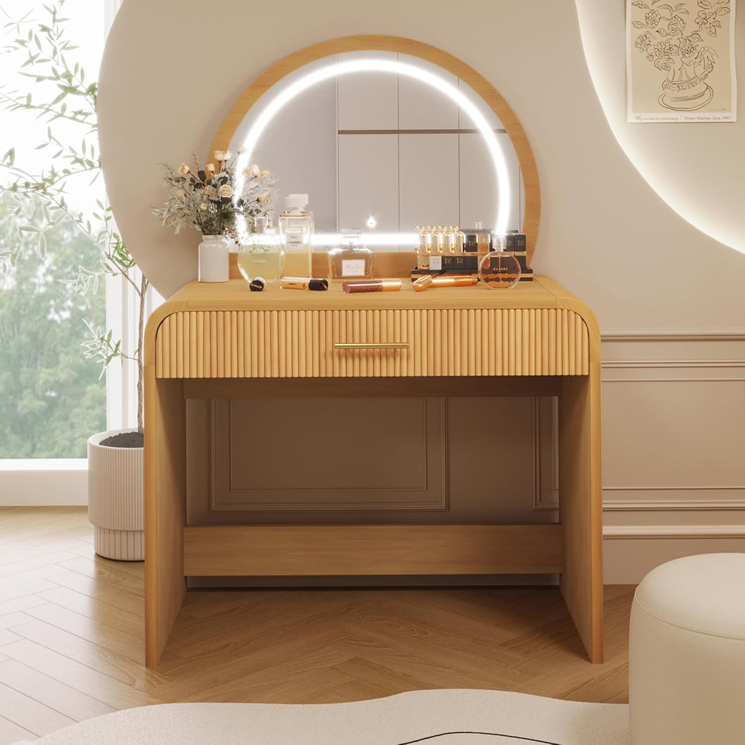 Virubi 39" Minimalist Makeup Vanity Table with Semicircle Mirror, Wood Modern Dressing Table with Touch Screen Lighted Mirror & Storage Drawer & Curved Edges for Bedroom (Natural)