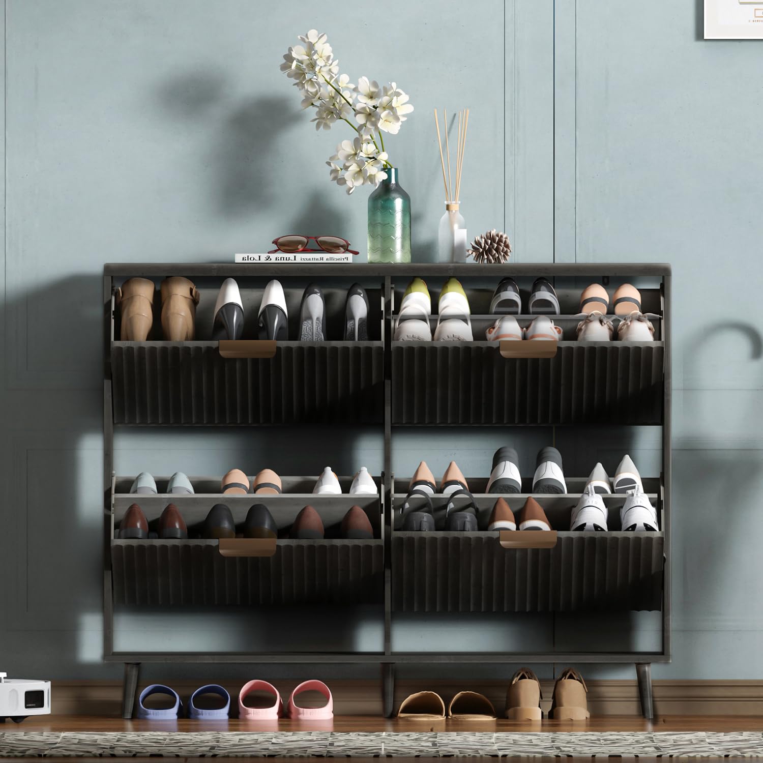 Shoe Cabinet Storage, Modern Freestanding Organizer with 2 Flip Drawers, Narrow Shoe Rack for Entryway, Walnut