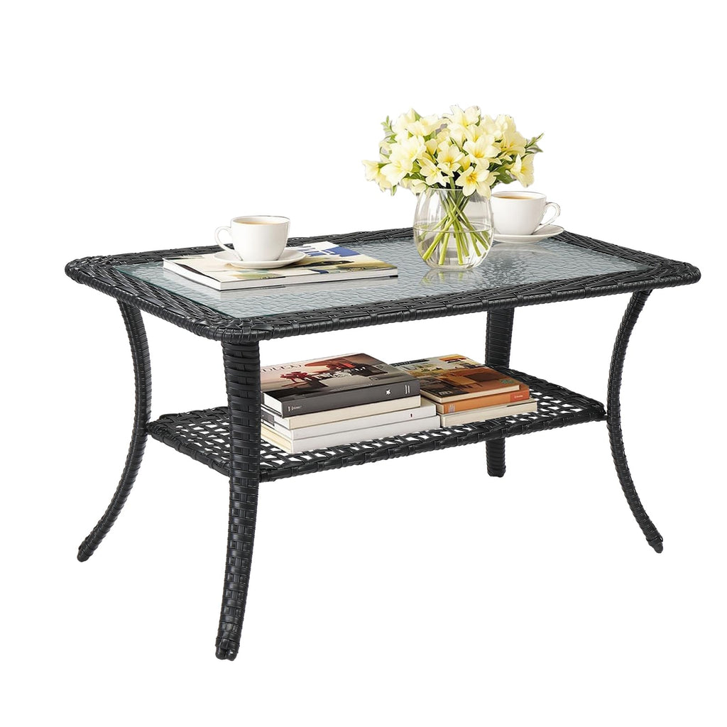 VINGLI Outdoor Coffee Table with Storage Wicker Patio Coffee Table, Tempered Glass Top Coffee Table for Patio Outside Balcony Porch Deck (Brown)
