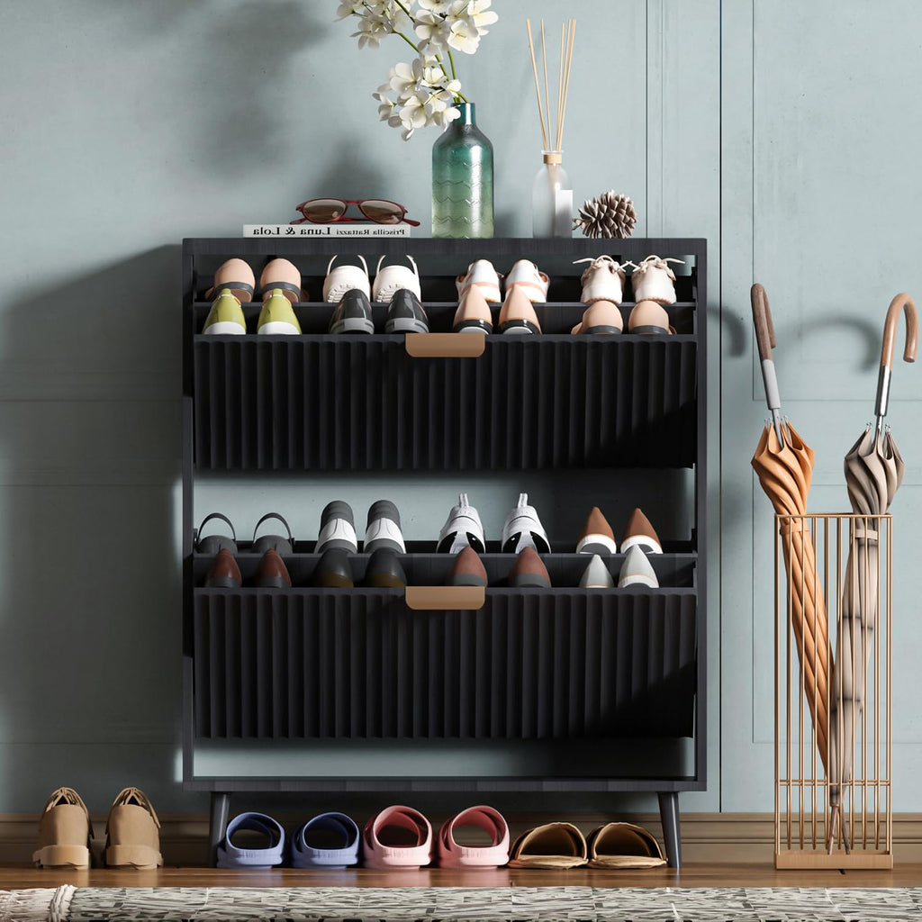 Shoe Cabinet Storage, Modern Freestanding Organizer with 2 Flip Drawers, Narrow Shoe Rack for Entryway, Walnut
