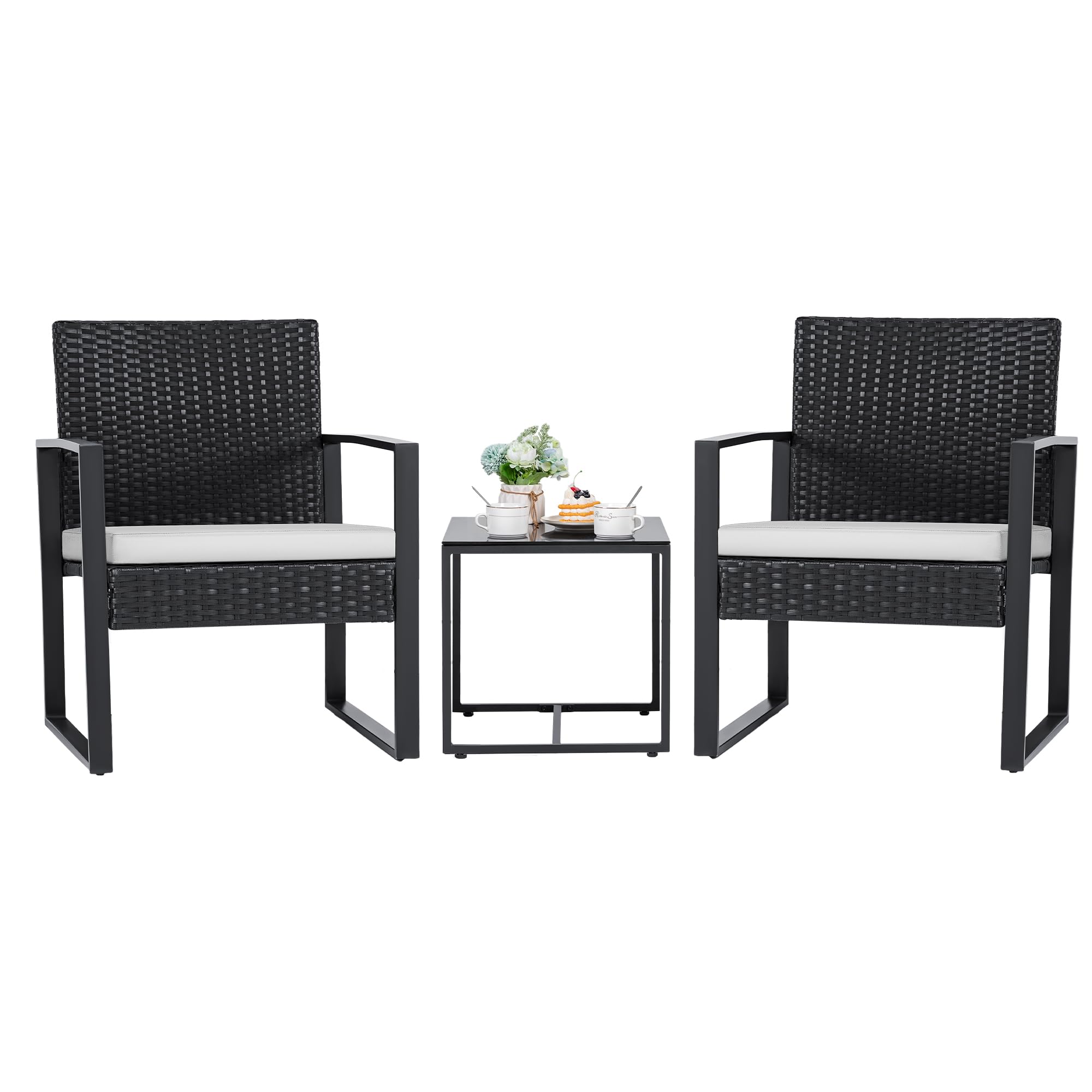 Flamaker 3 Pieces Outdoor Patio Wicker Furniture Set, Modern Rattan Chair Conversation Sets with Coffee Table for Yard and Bistro (Black)