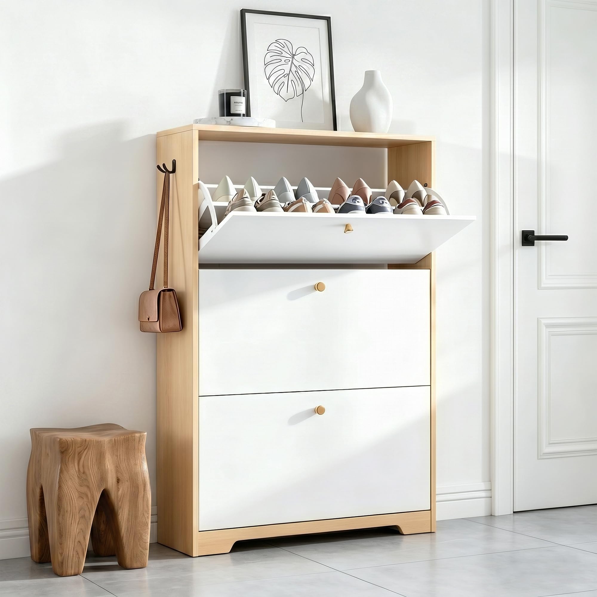 Nicetree Shoe Storage Cabinet, Slim Shoe Cabinet, Hidden Shoe Rack Cabinet, Shoe Storage Cabinet for Entryway, Hallway, Foryer, Natural Oak