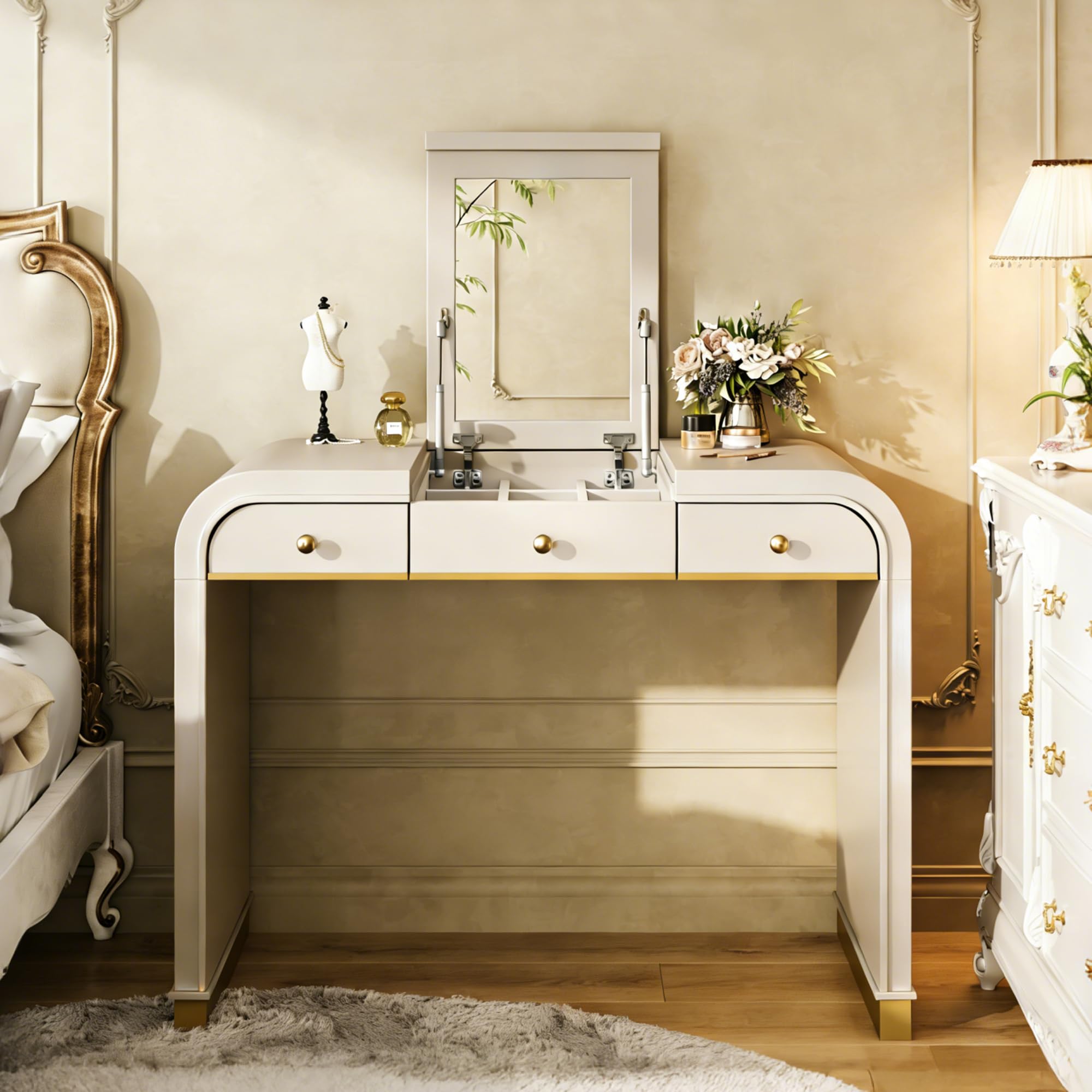 Virubi 39" Minimalist Makeup Vanity Table with Semicircle Mirror, Wood Modern Dressing Table with Touch Screen Lighted Mirror & Storage Drawer & Curved Edges for Bedroom (Natural)