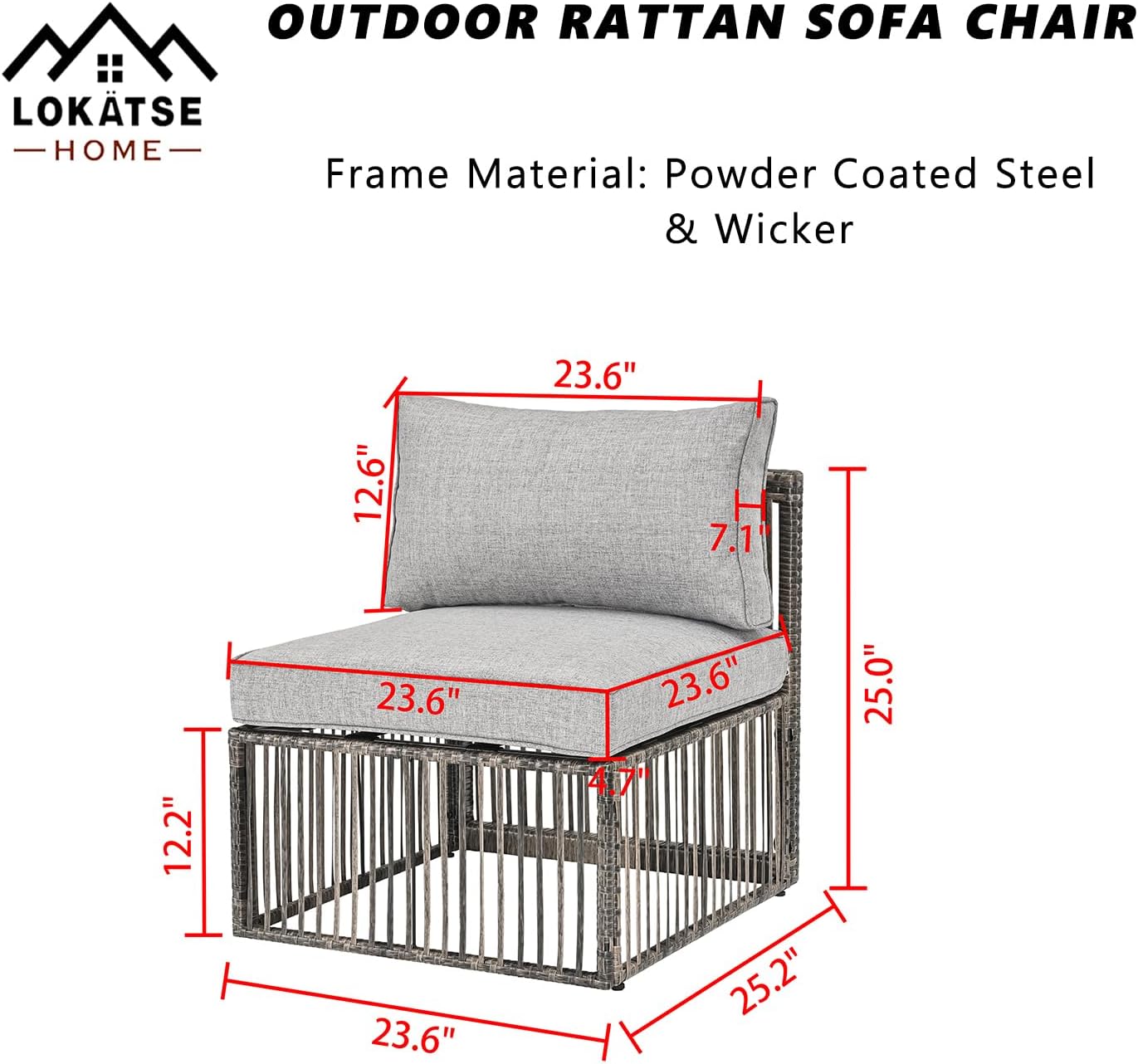 LOKATSE HOME Outdoor Rattan Single Sofa Chair with Cushion for Outside Balcony, Porch, Deck, Garden, Grey