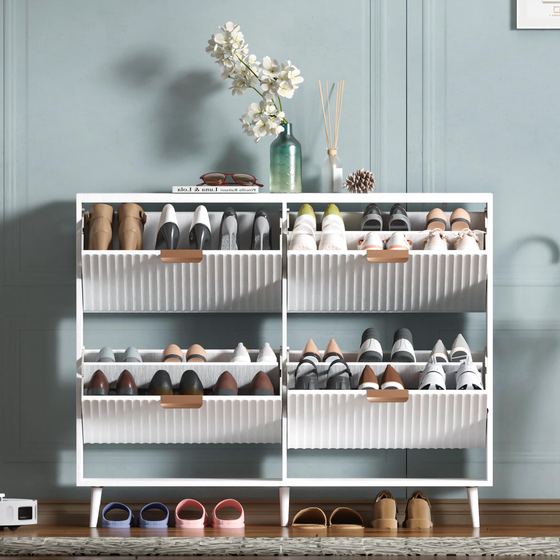 Shoe Cabinet Storage, Modern Freestanding Organizer with 2 Flip Drawers, Narrow Shoe Rack for Entryway, Walnut