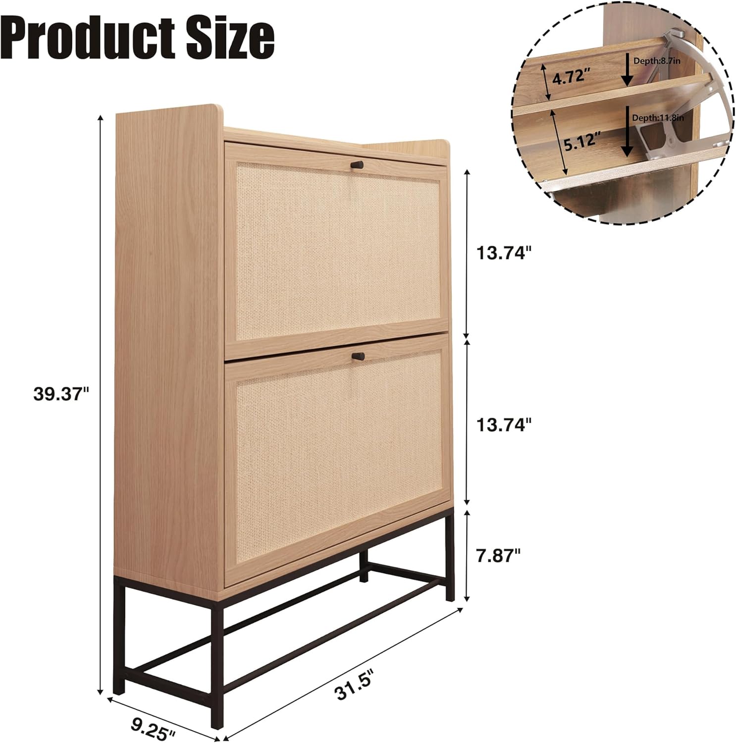 AVZEAR Narrow Shoe Storage Cabinet for Entryway with 2 Flip Drawers, Freestanding Shoe Cabinet with Natural Linen Panel, Slim Wood Shoe Organizer Closed Shoe Rack for Hallway, Foyer, Natural