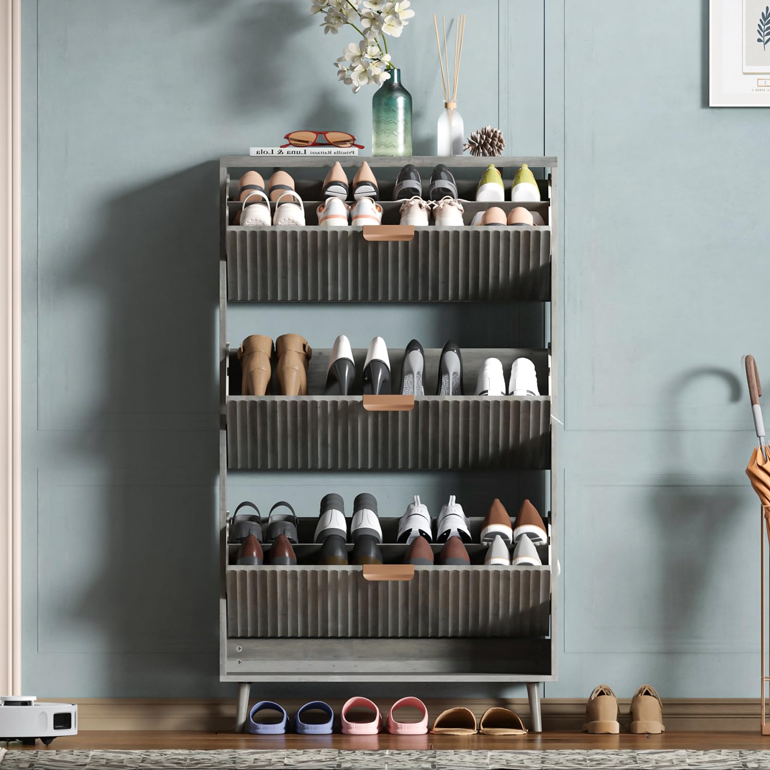 Shoe Cabinet Storage, Modern Freestanding Organizer with 2 Flip Drawers, Narrow Shoe Rack for Entryway, Walnut