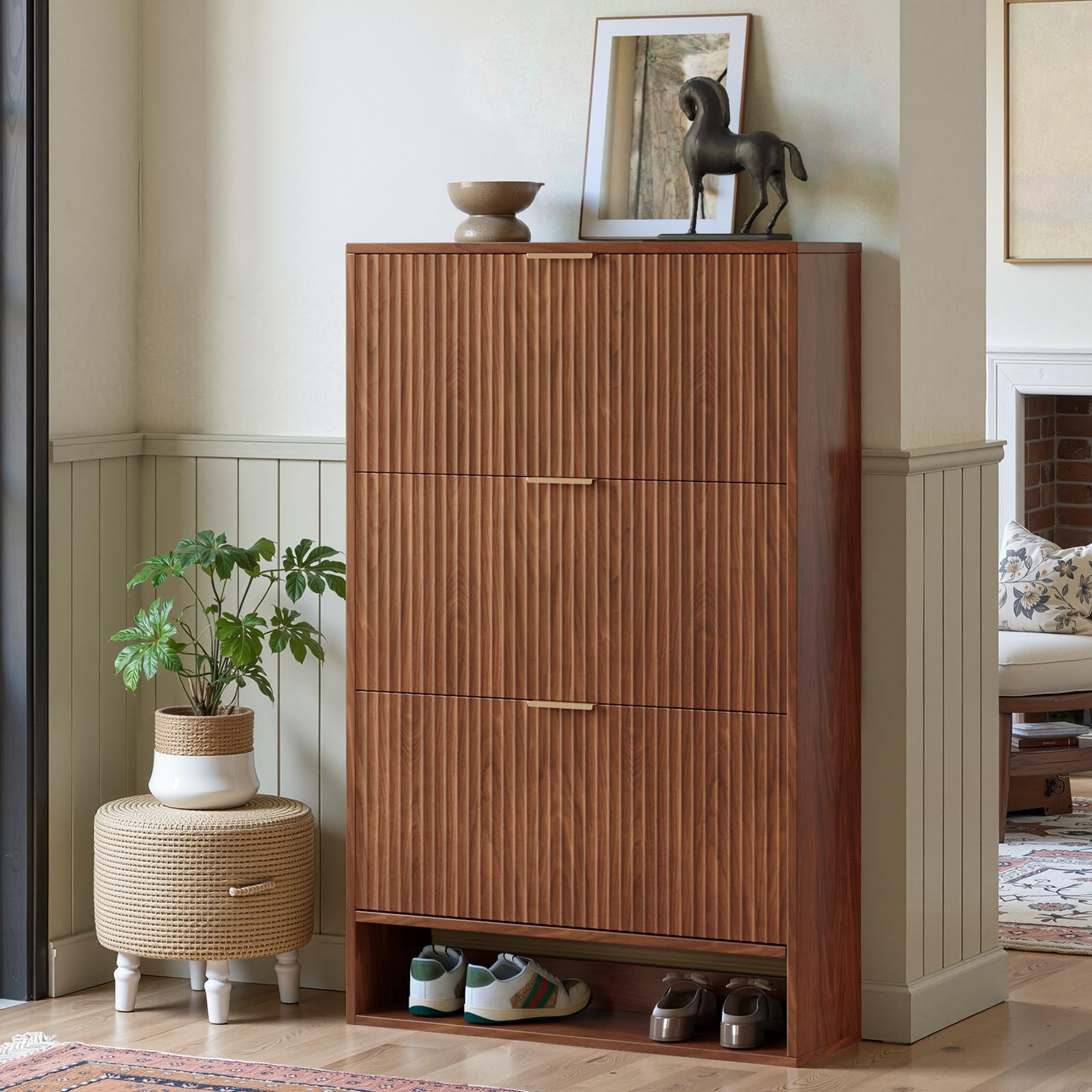 Hootata 31.5''W Oak Shoe Storage Cabinet for Entryway with 2 Flip Drawers, Narrow Wood Fluted Shoe Rack Cabinet,Freestanding Slim Shoe Organizer Cabinet for Foyer, Hallway