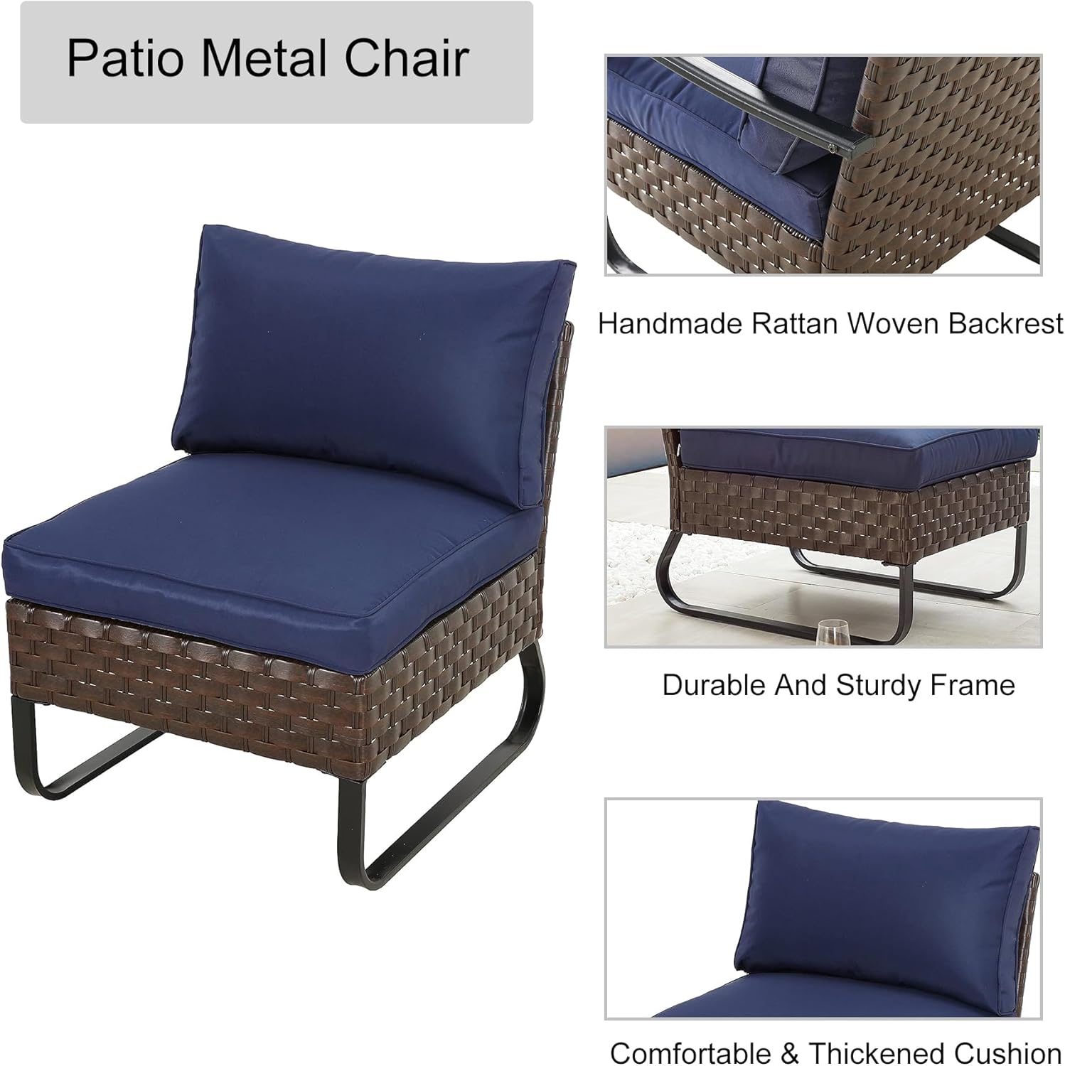 LOKATSE HOME Outdoor Rattan Furniture Patio Conversation Sofa Metal Frame Wicker Armless Single Chair with Cushion
