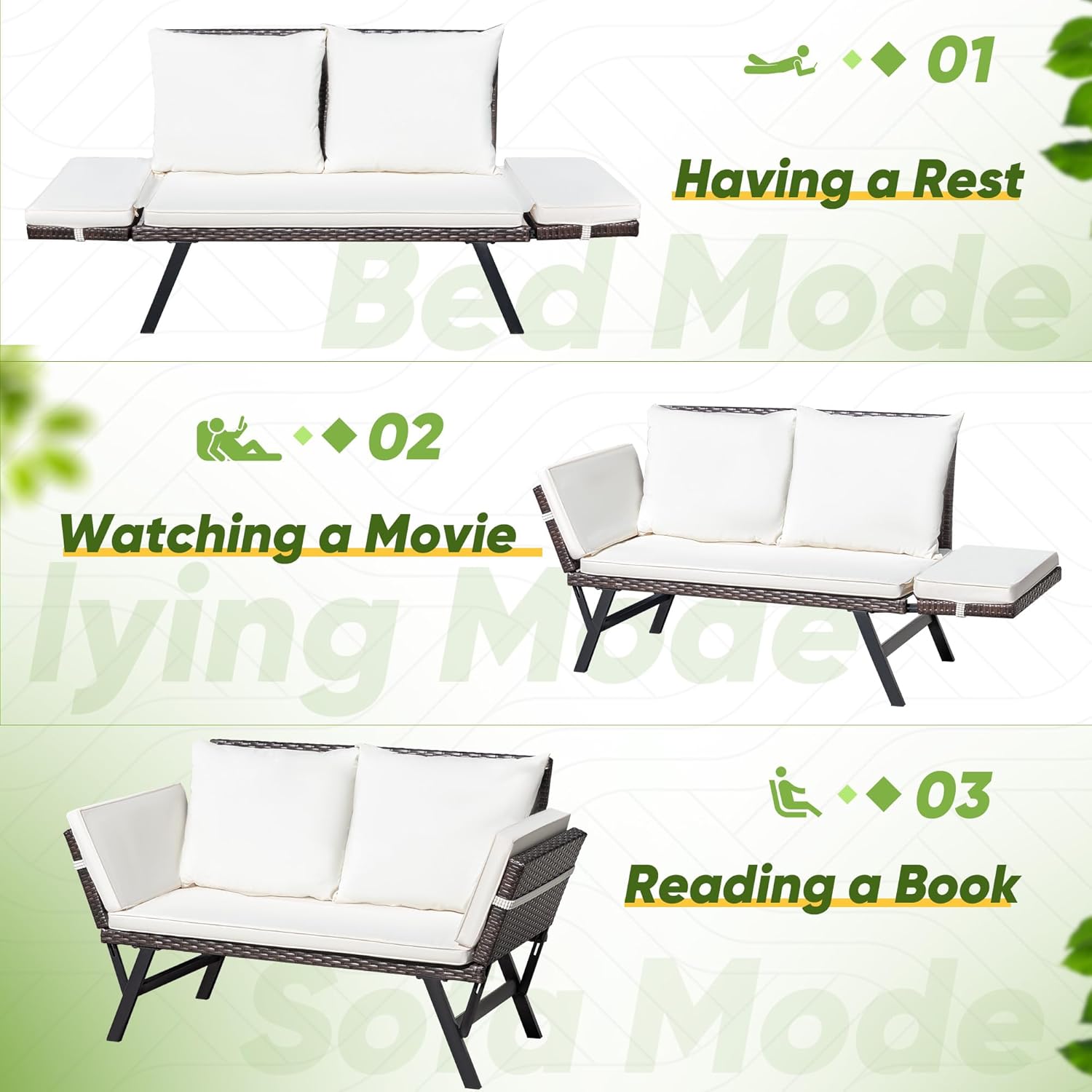 Greesum Outdoor Sofa, Woven Rattan Patio Furniture, Convertible Daybed or Double Chair with Adjustable Armrests, Cushions and Pillows for Yard, Porch, Pool, Brown Lounger & Beige Pillowcase