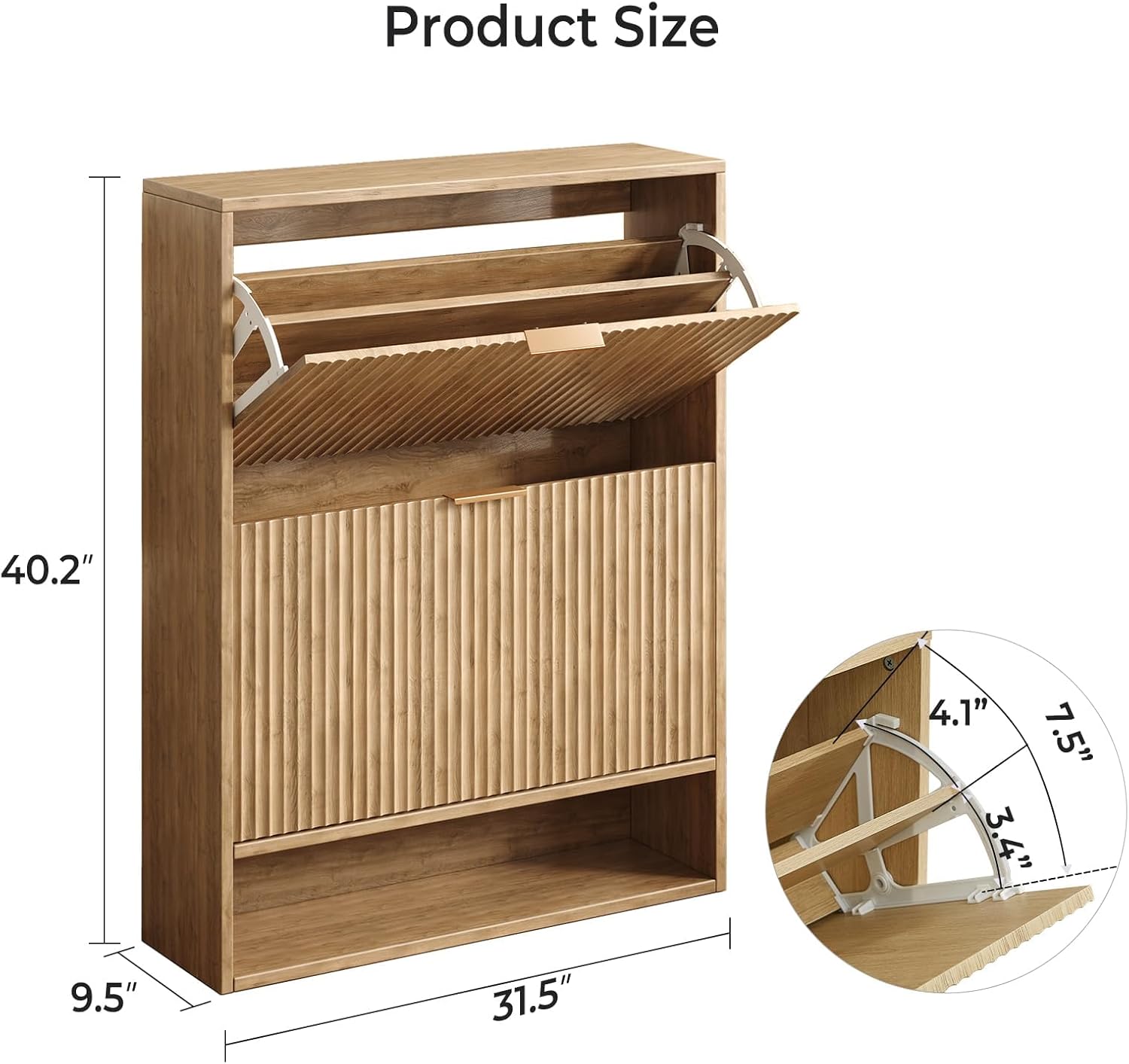 Hootata 31.5''W Oak Shoe Storage Cabinet for Entryway with 2 Flip Drawers, Narrow Wood Fluted Shoe Rack Cabinet,Freestanding Slim Shoe Organizer Cabinet for Foyer, Hallway