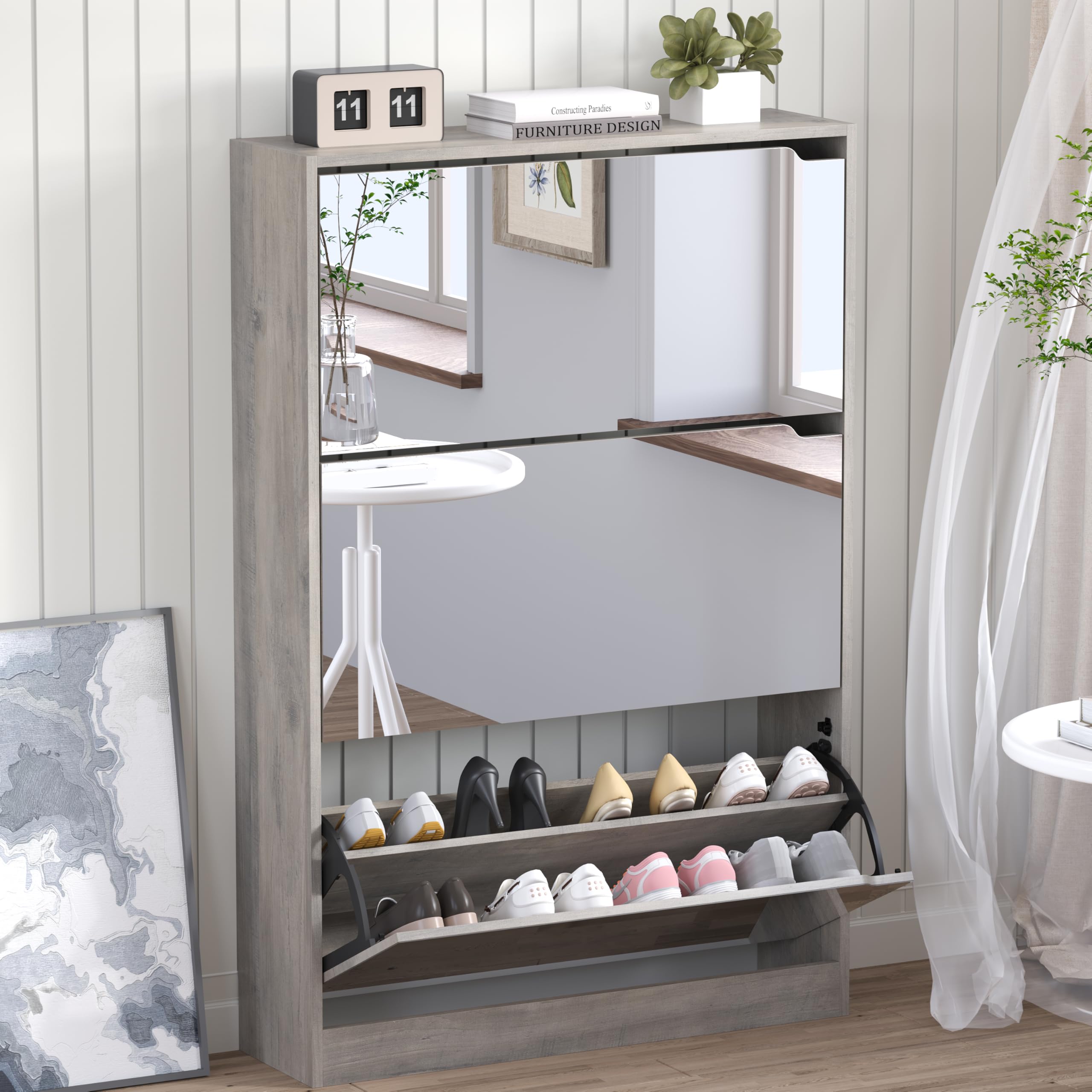 BORNOON Shoe Cabinet with 3 Flip Drawers, Hidden Wood Shoe Cabinet,Freestanding Shoe Storage Cabinet for Entryway Hallway.White. 47.2" H*31.5" W*9.45" D.