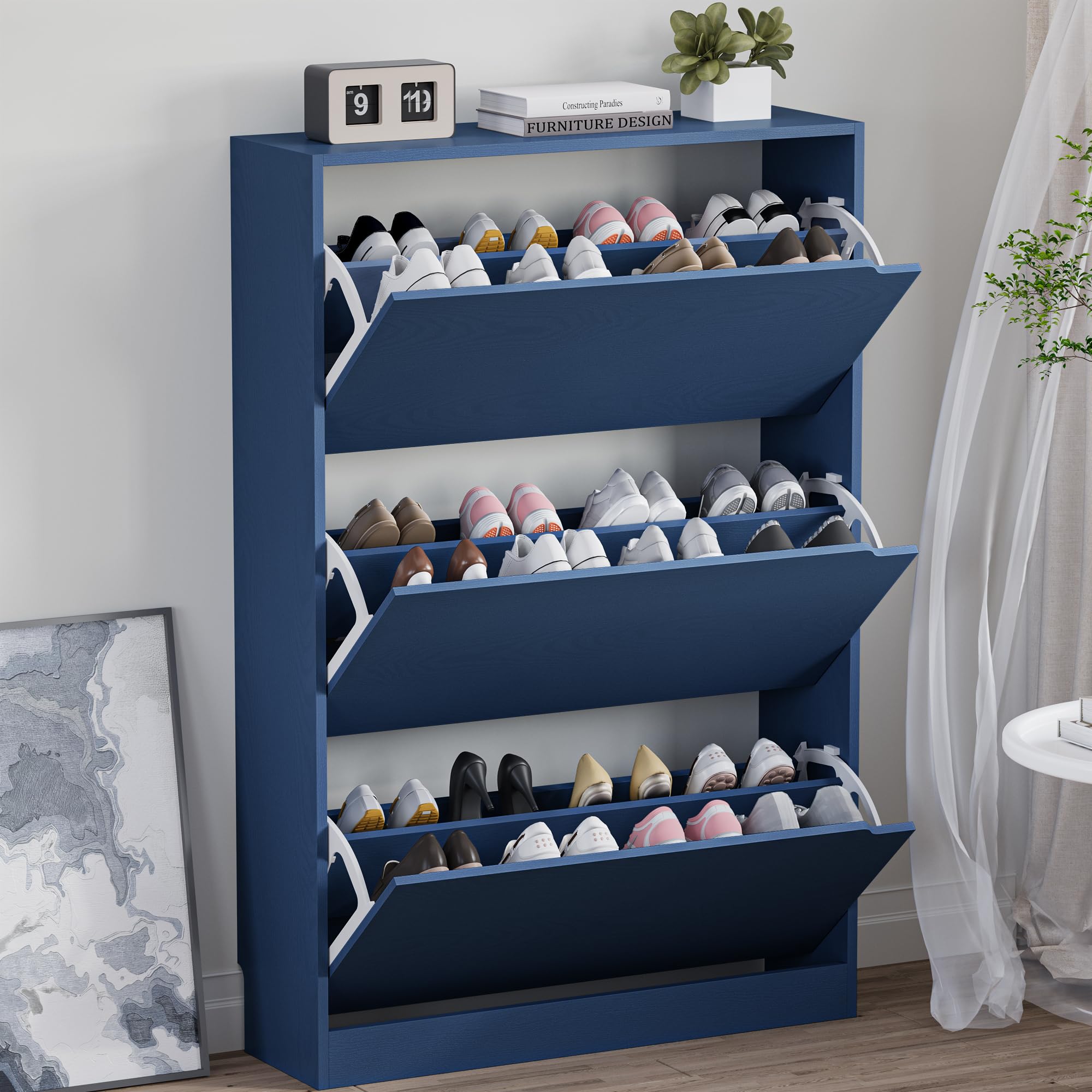 BORNOON Shoe Cabinet with 3 Flip Drawers, Hidden Wood Shoe Cabinet,Freestanding Shoe Storage Cabinet for Entryway Hallway.White. 47.2" H*31.5" W*9.45" D.