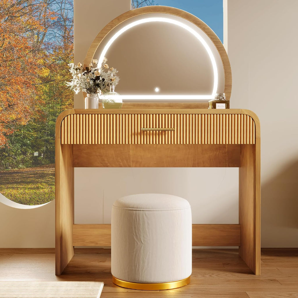 Virubi 39" Minimalist Makeup Vanity Table with Semicircle Mirror, Wood Modern Dressing Table with Touch Screen Lighted Mirror & Storage Drawer & Curved Edges for Bedroom (Natural)