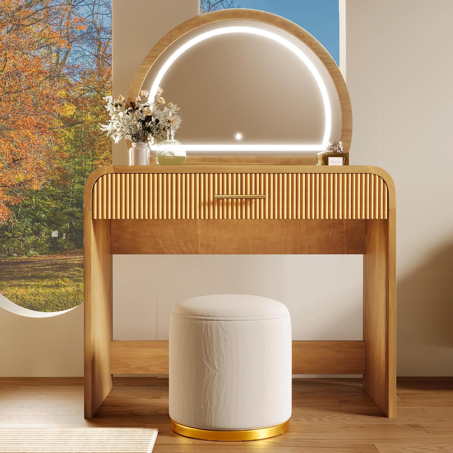 Virubi 39" Minimalist Makeup Vanity Table with Semicircle Mirror, Wood Modern Dressing Table with Touch Screen Lighted Mirror & Storage Drawer & Curved Edges for Bedroom (Natural)