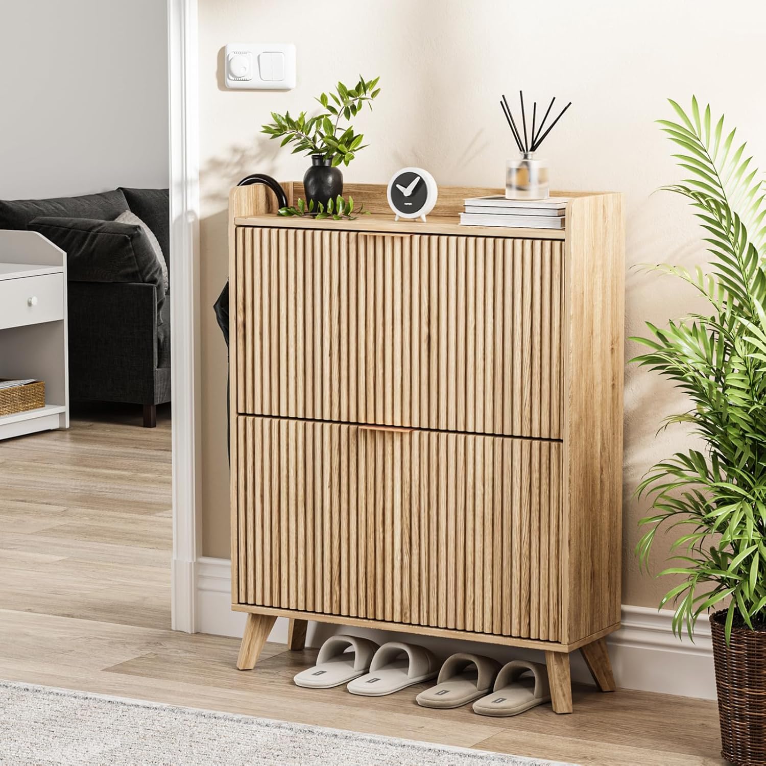 Fluted Shoe Cabinet Storage with 2 Flip Drawers, Wood Narrow Hidden Shoe Cabinet with Adjustable Shelf for Entryway, Freestanding Slim Shoe Rack Organizer for Foyer Hallway Living Room