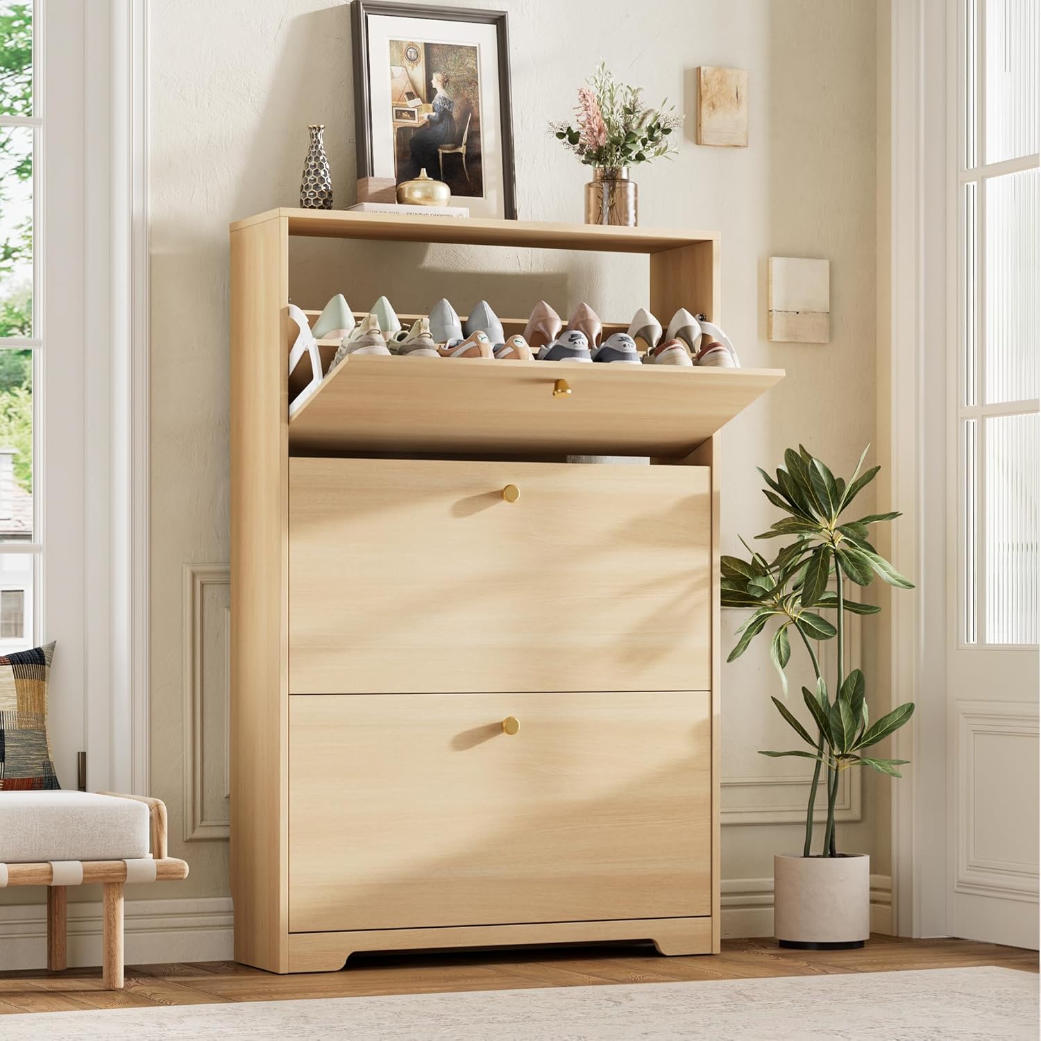 Nicetree Shoe Storage Cabinet, Slim Shoe Cabinet, Hidden Shoe Rack Cabinet, Shoe Storage Cabinet for Entryway, Hallway, Foryer, Natural Oak