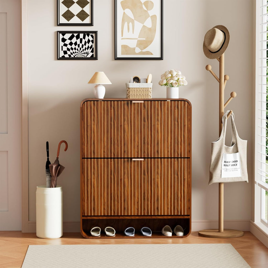 Narrow Shoe Cabinet with 2 Flip Drawers, Fluted Shoe Storage Cabinet for Entryway, Slim Hidden Shoe Rack Organizer for Hallway, Entrance, Foyer, Freestanding, Walnut