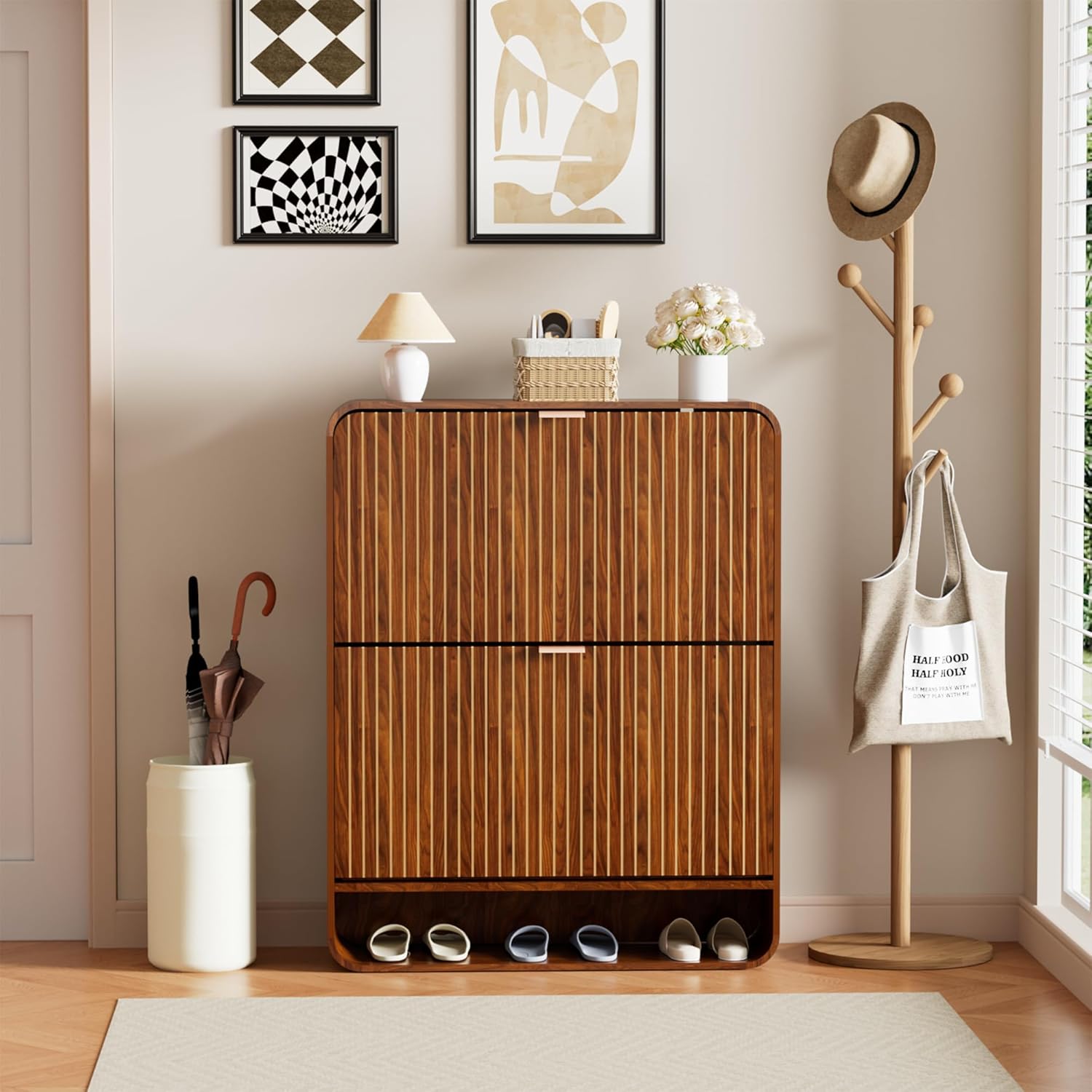 Narrow Shoe Cabinet with 2 Flip Drawers, Fluted Shoe Storage Cabinet for Entryway, Slim Hidden Shoe Rack Organizer for Hallway, Entrance, Foyer, Freestanding, Walnut