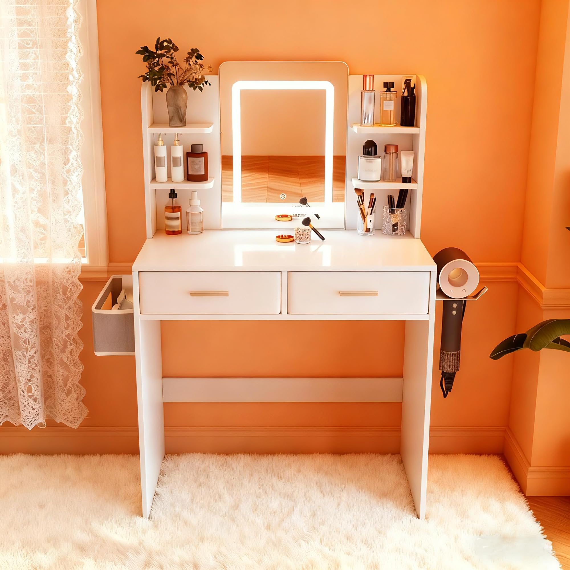 39" Modern Makeup Vanity Desk with Tempered Glass Top & LED Round Mirror, Adjustable Black and White Dressing Table with Reversible 3-Drawer Cabinet, Extendable Vanity Set for Small Bedroom