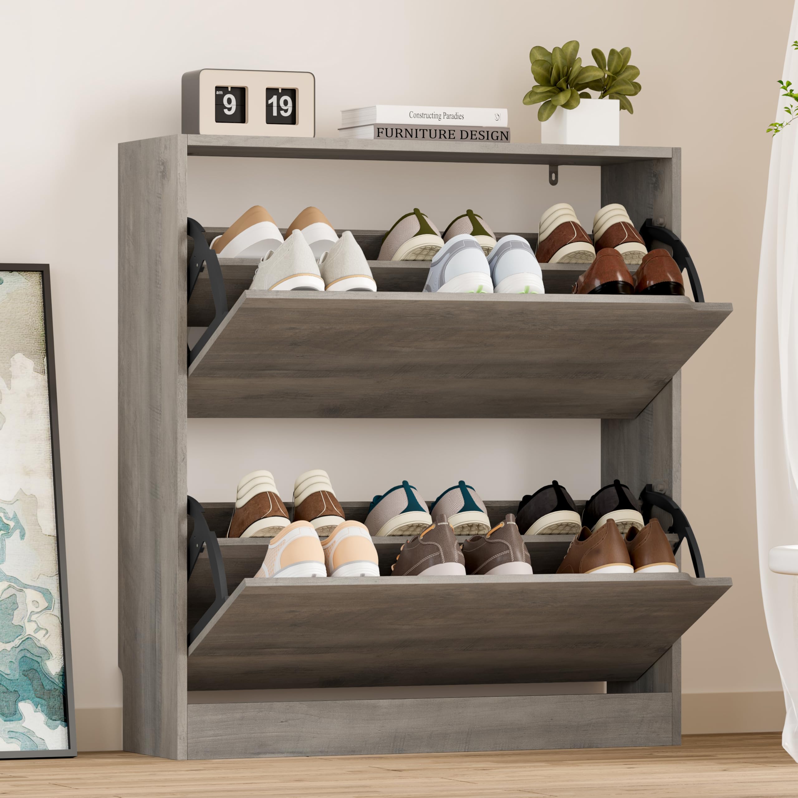 BORNOON Shoe Cabinet with 3 Flip Drawers, Hidden Wood Shoe Cabinet,Freestanding Shoe Storage Cabinet for Entryway Hallway.White. 47.2" H*31.5" W*9.45" D.
