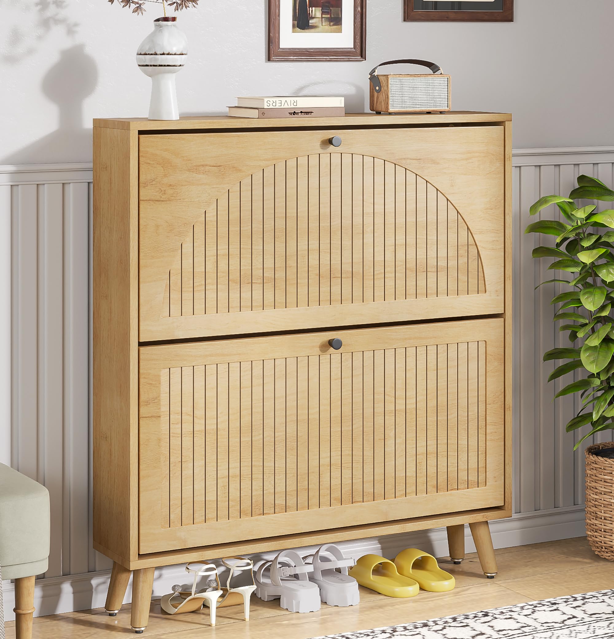 Fsbecl Shoe Storage Cabinet for Entryway with 2 Flip Drawers, Narrow Wood Shoe Cabinet with Fluted Panel, Freestanding Hidden Shoe Organizer for Foyer, Hallway (Walnut)
