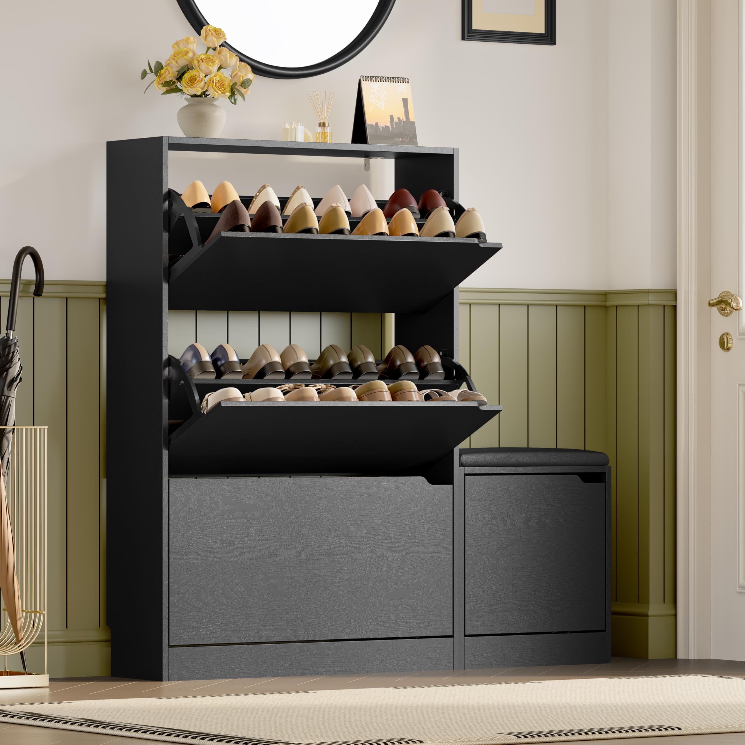 BORNOON Shoe Cabinet with 3 Flip Drawers, Hidden Wood Shoe Cabinet,Freestanding Shoe Storage Cabinet for Entryway Hallway.White. 47.2" H*31.5" W*9.45" D.