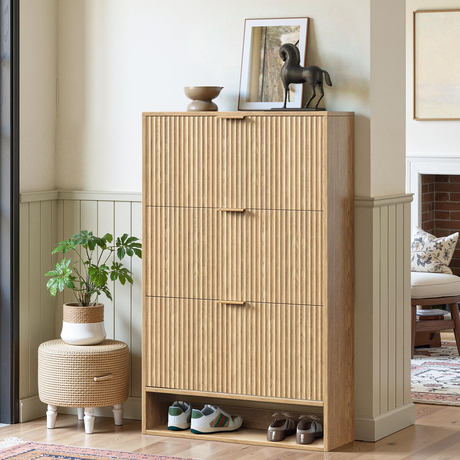 Hootata 31.5''W Oak Shoe Storage Cabinet for Entryway with 2 Flip Drawers, Narrow Wood Fluted Shoe Rack Cabinet,Freestanding Slim Shoe Organizer Cabinet for Foyer, Hallway
