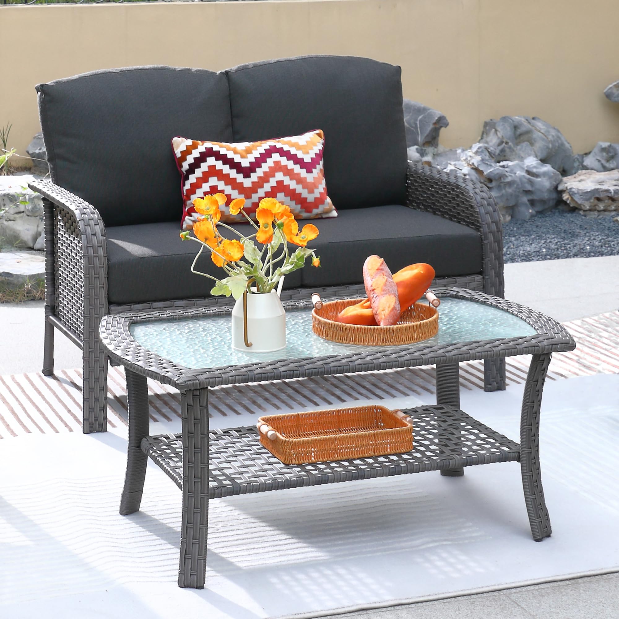 ovios 2-Piece Patio Furniture Set, Outdoor Wicker Sofa with Chairs, High Back Rattan Chair with Comfy Cushions for Porch Yard Deck, Denim Blue