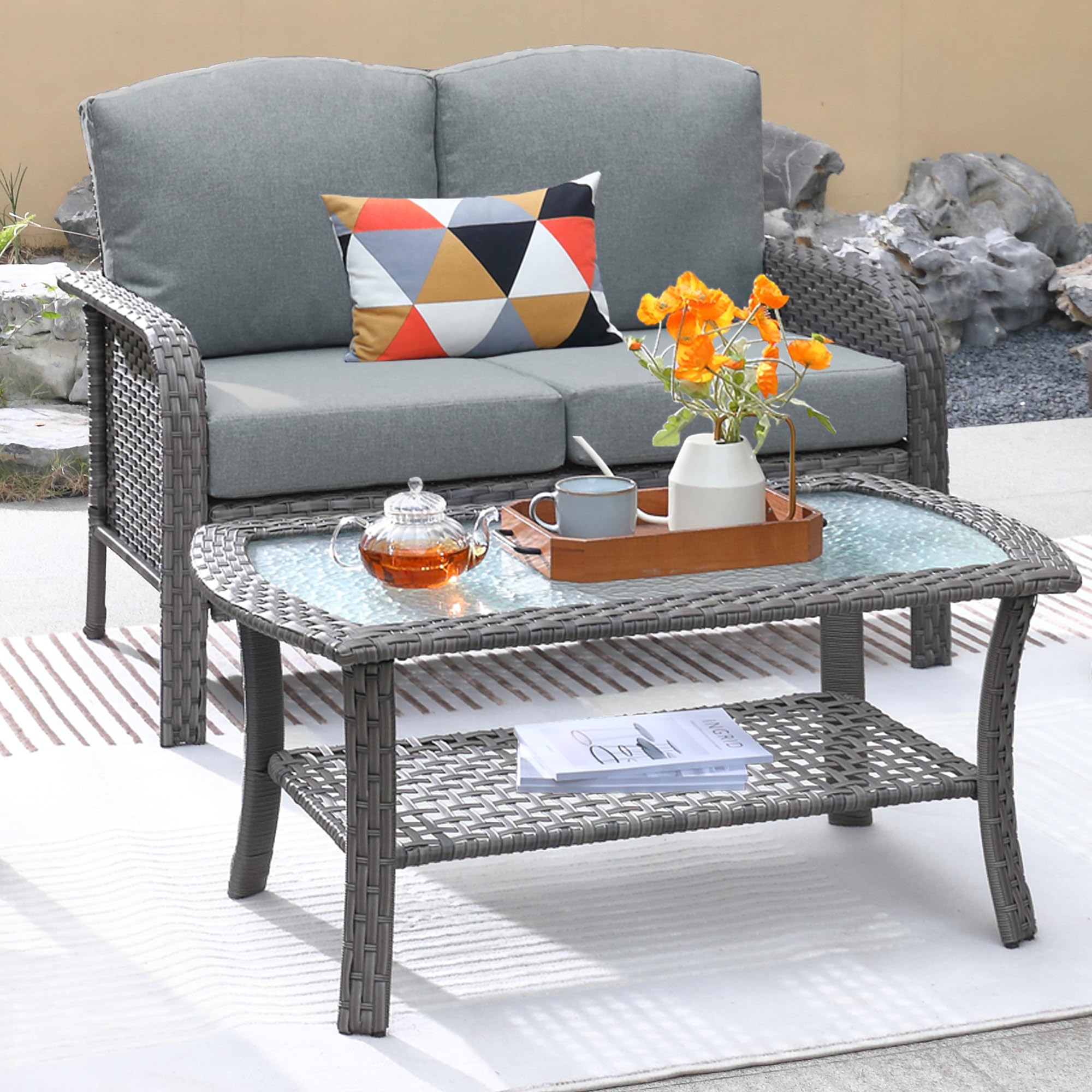 ovios 2-Piece Patio Furniture Set, Outdoor Wicker Sofa with Chairs, High Back Rattan Chair with Comfy Cushions for Porch Yard Deck, Denim Blue