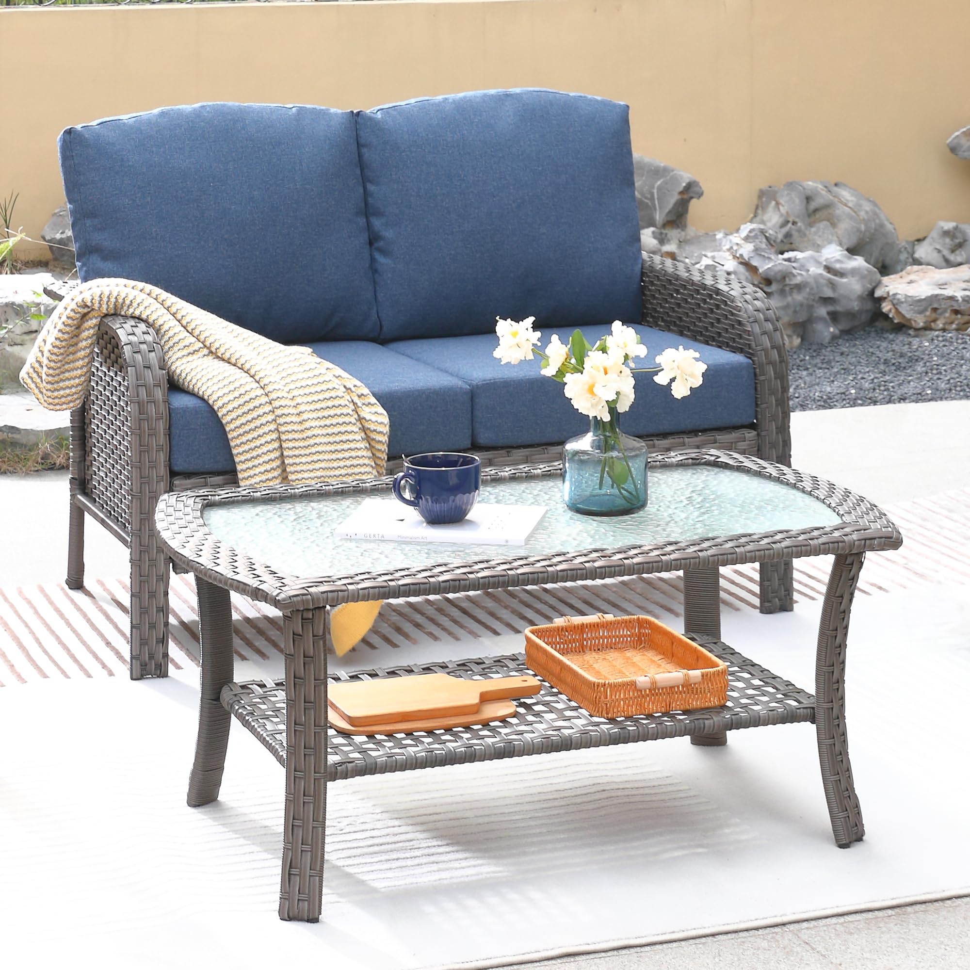 ovios 2-Piece Patio Furniture Set, Outdoor Wicker Sofa with Chairs, High Back Rattan Chair with Comfy Cushions for Porch Yard Deck, Denim Blue
