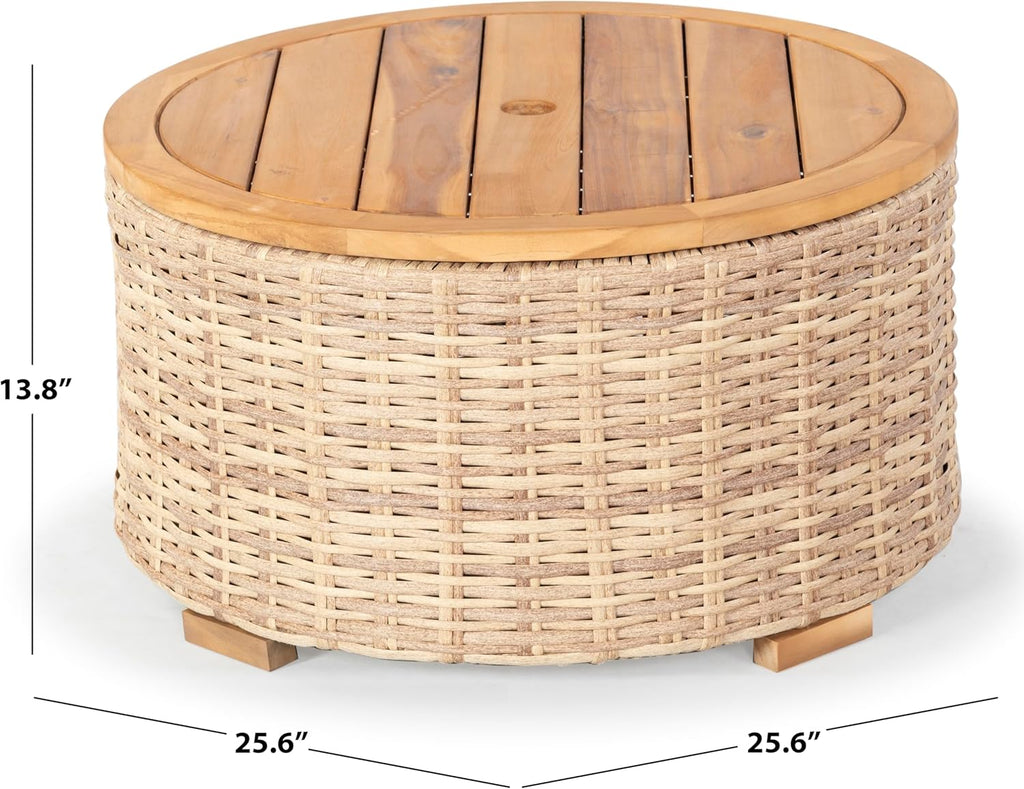 SAFAVIEH Couture Collection – Anguilla Faux Wicker Indoor/Outdoor Storage Coffee Table, Fully Assembled, Natural Brown Patio Accent Table with Removable Wood Top (CPT2103A)
