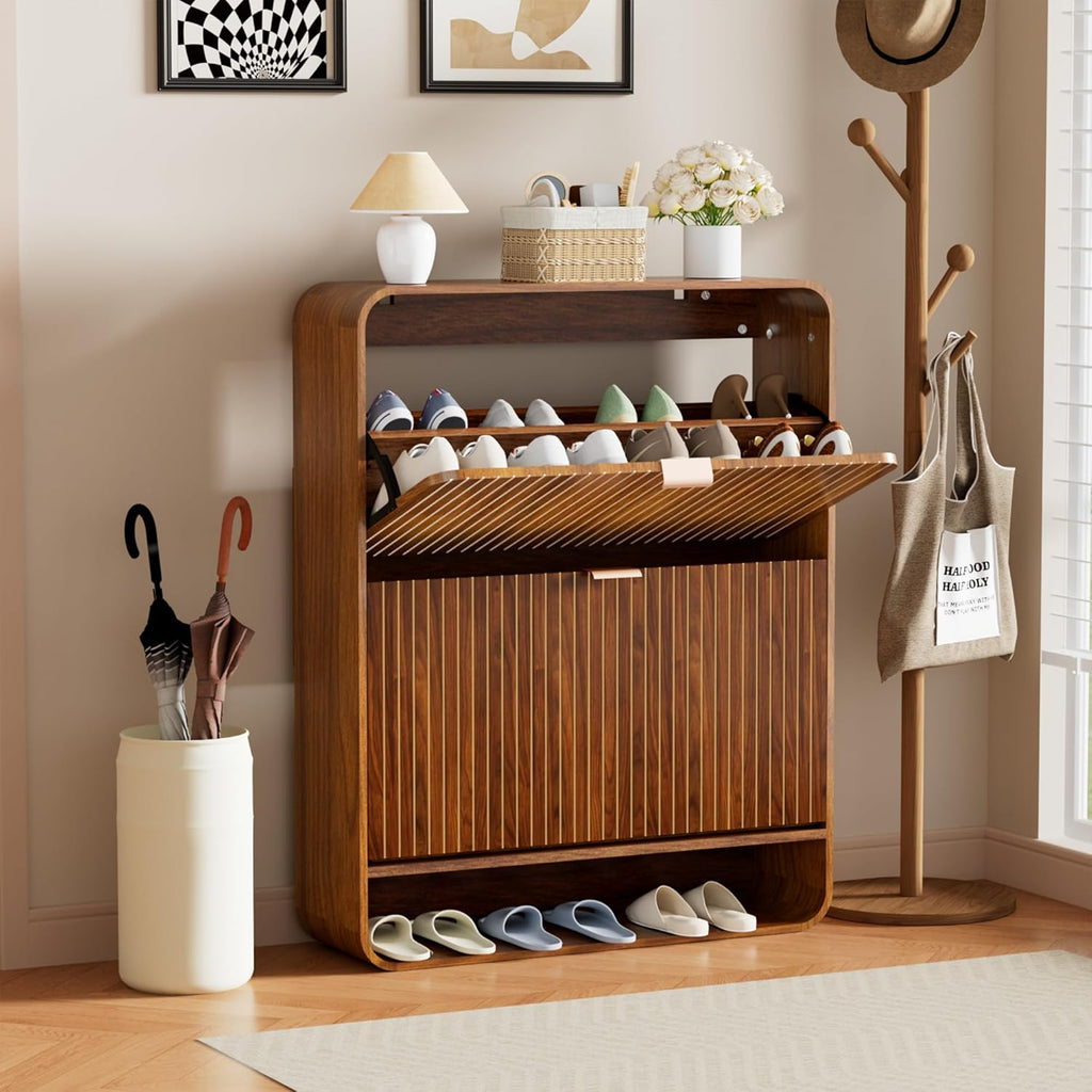 Narrow Shoe Cabinet with 2 Flip Drawers, Fluted Shoe Storage Cabinet for Entryway, Slim Hidden Shoe Rack Organizer for Hallway, Entrance, Foyer, Freestanding, Walnut