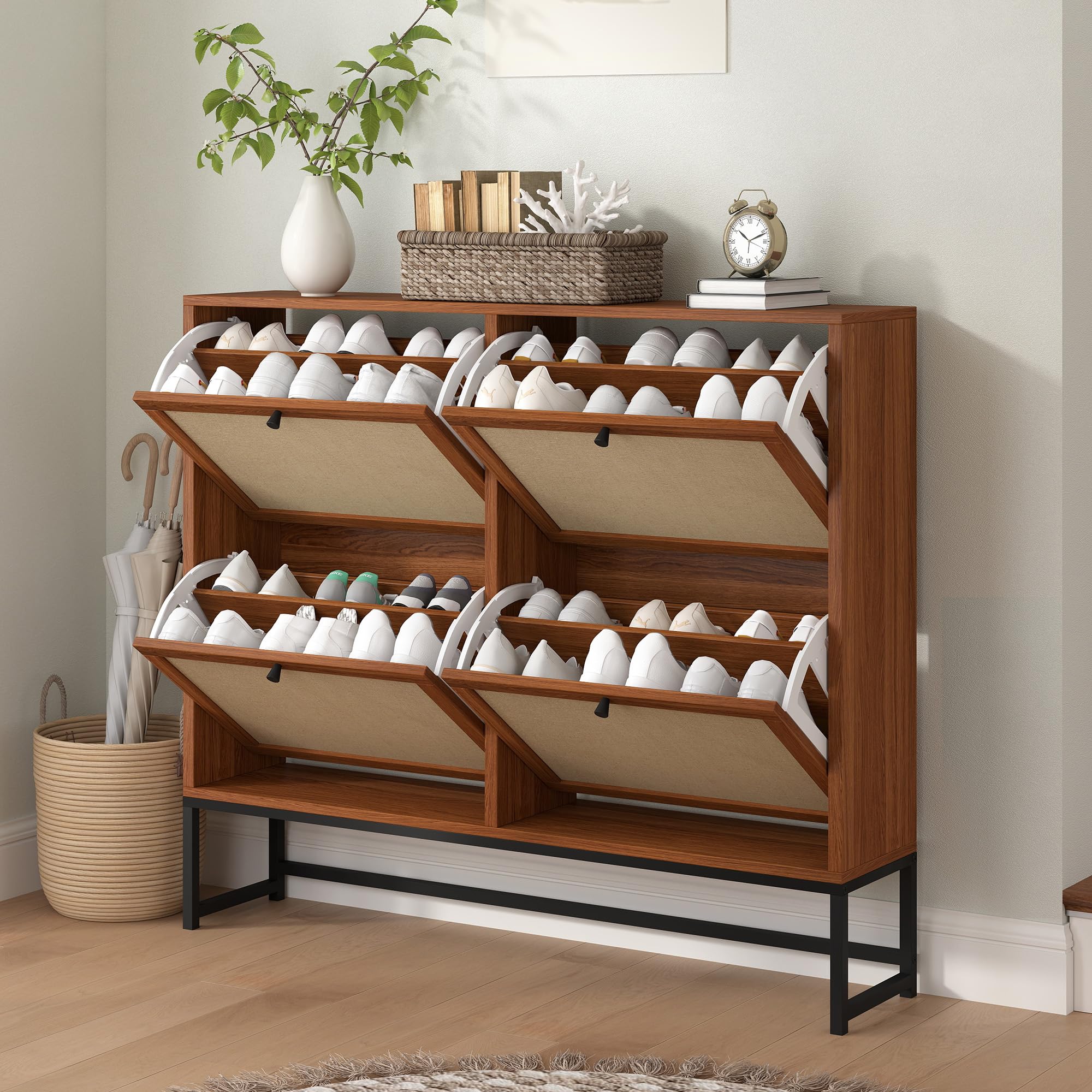 AVZEAR Narrow Shoe Storage Cabinet for Entryway with 2 Flip Drawers, Freestanding Shoe Cabinet with Natural Linen Panel, Slim Wood Shoe Organizer Closed Shoe Rack for Hallway, Foyer, Natural