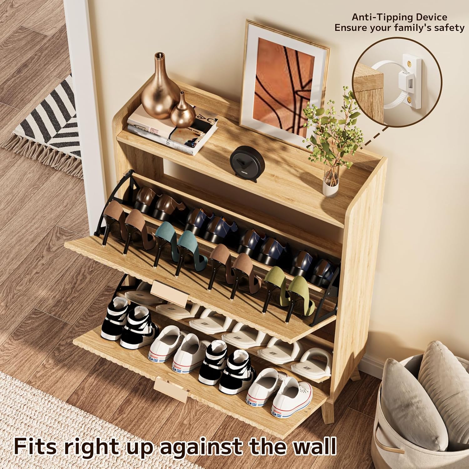 Fluted Shoe Cabinet Storage with 2 Flip Drawers, Wood Narrow Hidden Shoe Cabinet with Adjustable Shelf for Entryway, Freestanding Slim Shoe Rack Organizer for Foyer Hallway Living Room