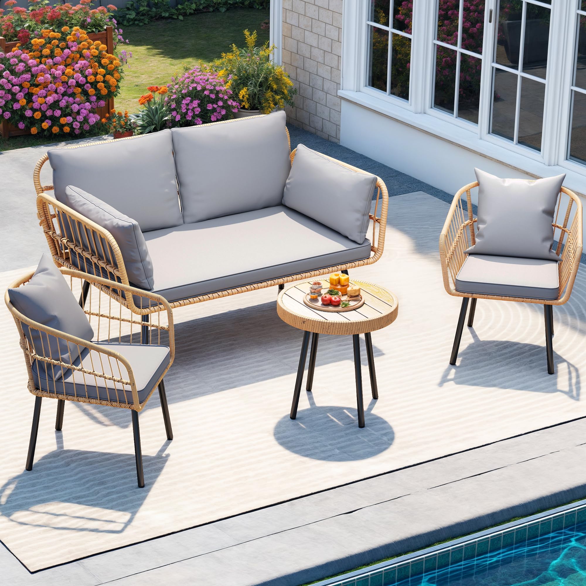 DWVO Wicker Sofa Chair, Single Bistro Armchair with Weatherproof Cushions, Outdoor Dining Chair for Outdoor, Indoor, Beige