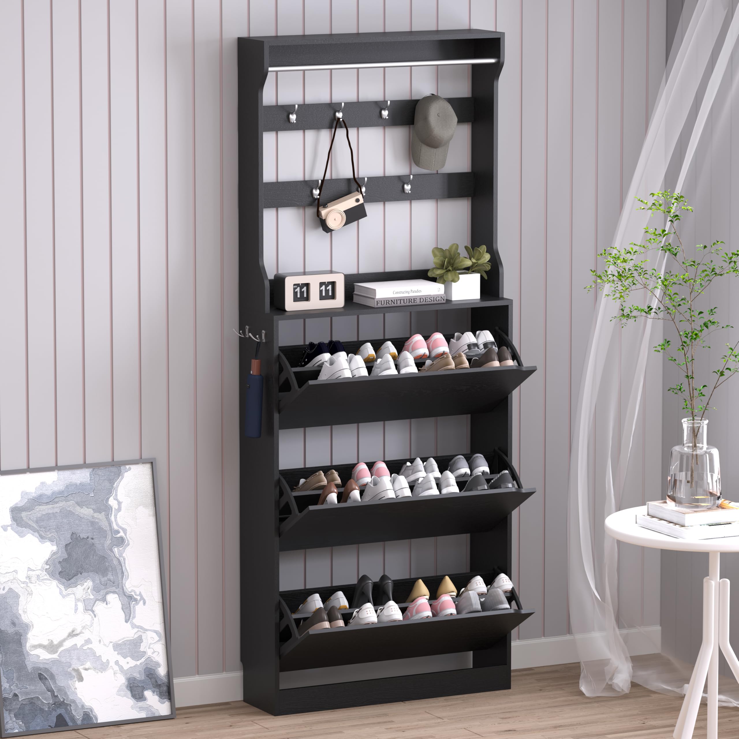 BORNOON Shoe Cabinet with 3 Flip Drawers, Hidden Wood Shoe Cabinet,Freestanding Shoe Storage Cabinet for Entryway Hallway.White. 47.2" H*31.5" W*9.45" D.