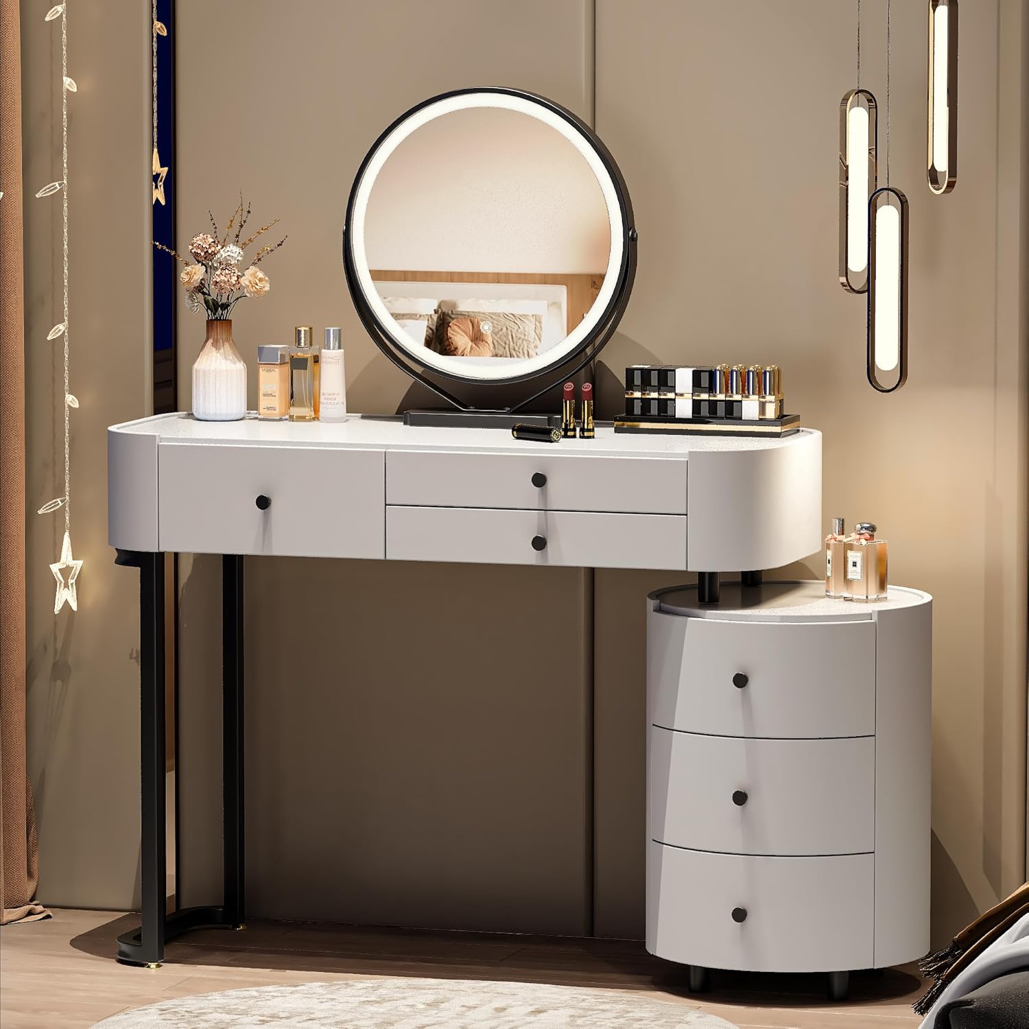 GOWE Modern Minimalist Dressing Table with Detachable Mirror and Rotatable Side Cabinet Makeup Table, Easy Assembly Vanity