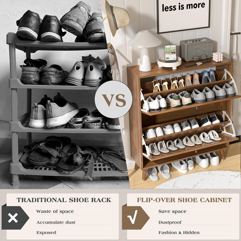Fsbecl Shoe Storage Cabinet for Entryway with 2 Flip Drawers, Narrow Wood Shoe Cabinet with Fluted Panel, Freestanding Hidden Shoe Organizer for Foyer, Hallway (Walnut)