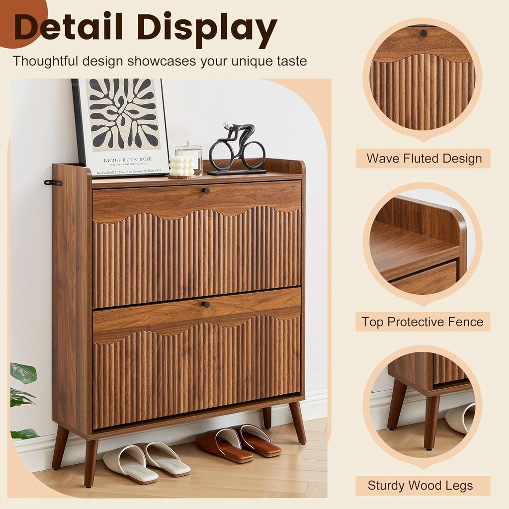 BERRYMERRY 31.5” Fluted Shoe Storage Cabinet with 2 Flip Drawers,Freestanding Narrow Shoe Organizer Cabinet with Wave Profile for Entryway,Hallway,Living Room
