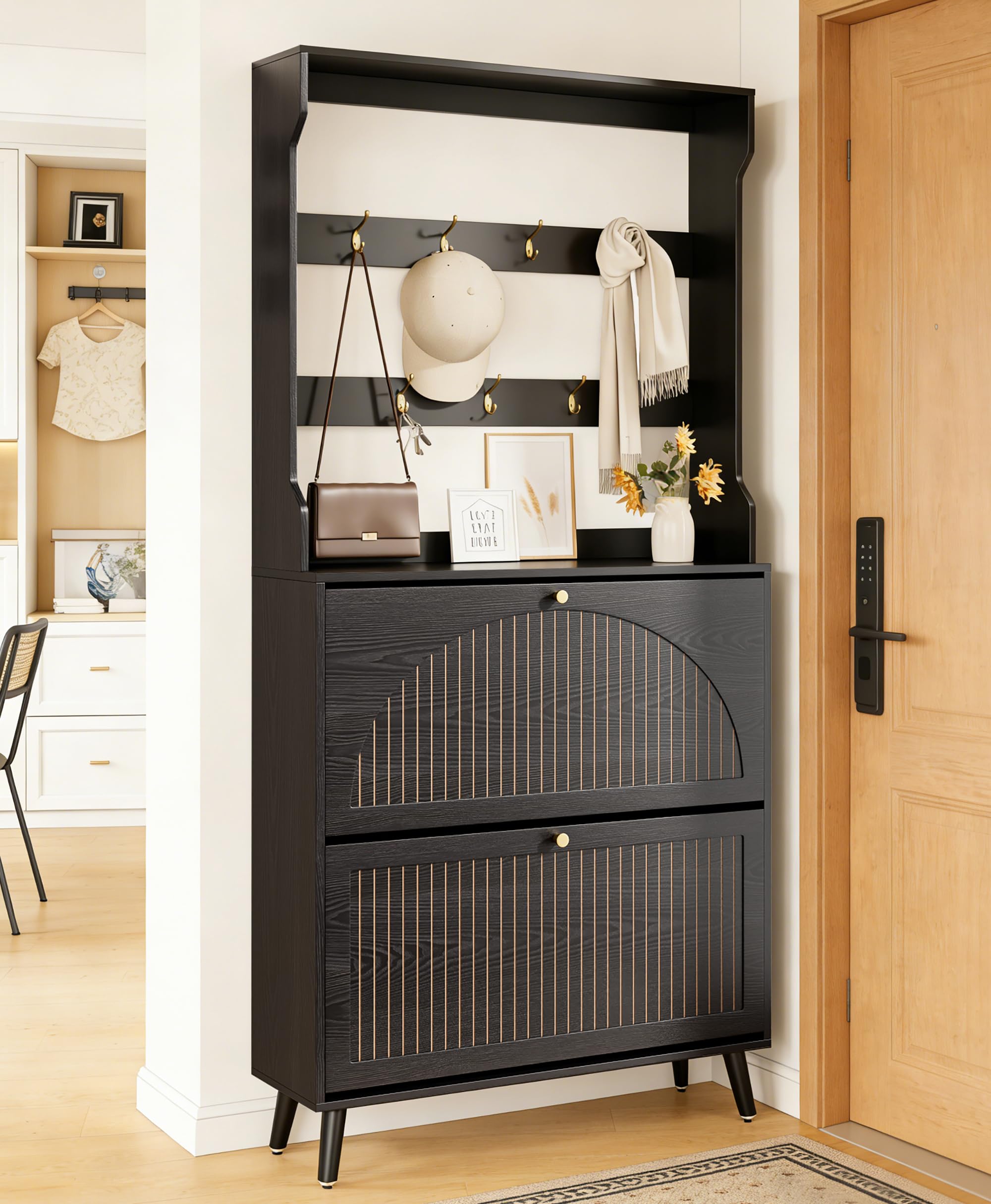 Fsbecl Shoe Storage Cabinet for Entryway with 2 Flip Drawers, Narrow Wood Shoe Cabinet with Fluted Panel, Freestanding Hidden Shoe Organizer for Foyer, Hallway (Walnut)