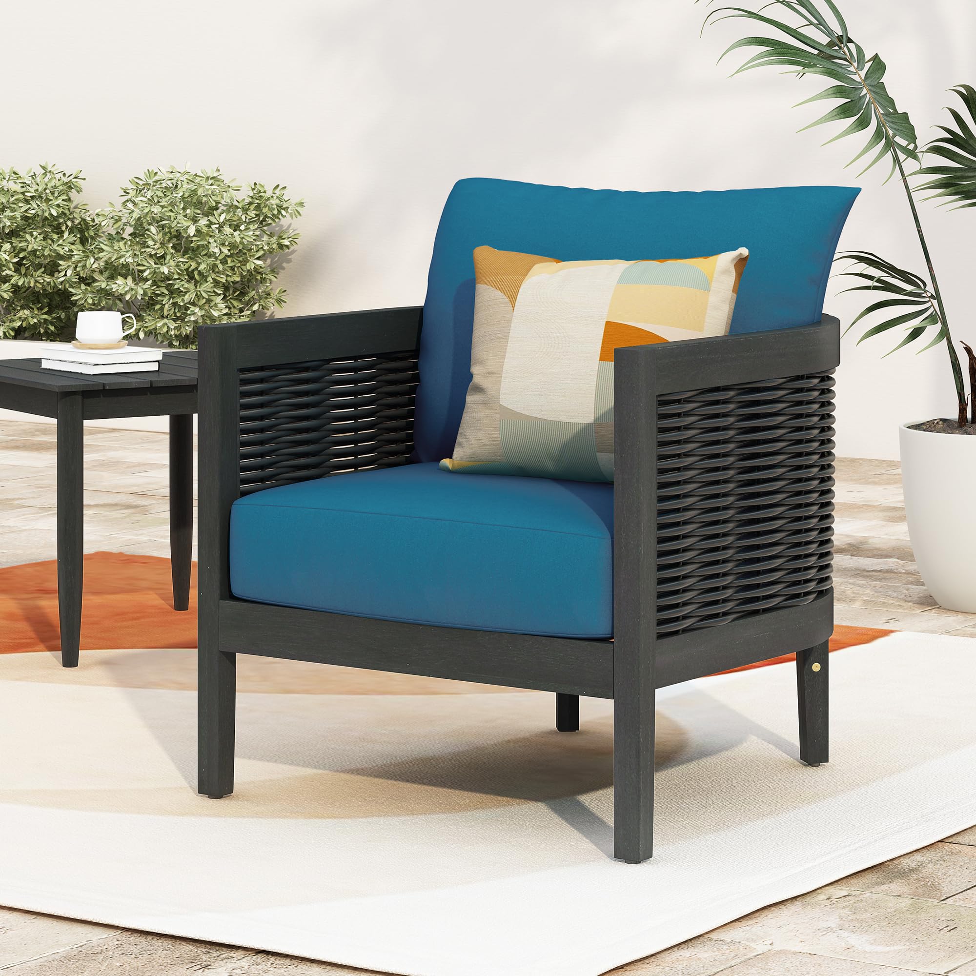 Merax Single Outdoor Acacia Wood Wicker Club Chair with Cushion,Patio Furniture Conversation Seat for Backyard
