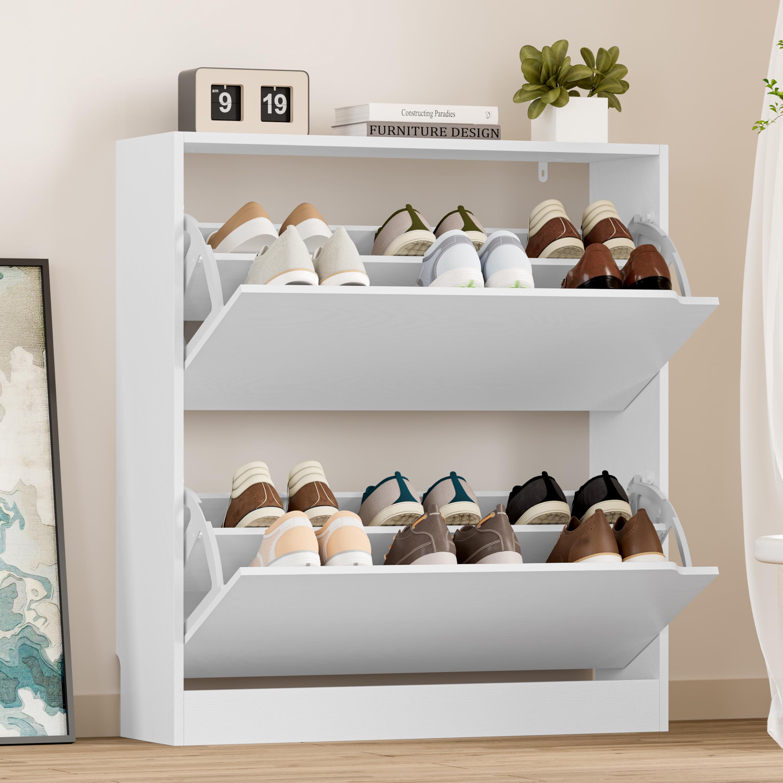 BORNOON Shoe Cabinet with 3 Flip Drawers, Hidden Wood Shoe Cabinet,Freestanding Shoe Storage Cabinet for Entryway Hallway.White. 47.2" H*31.5" W*9.45" D.