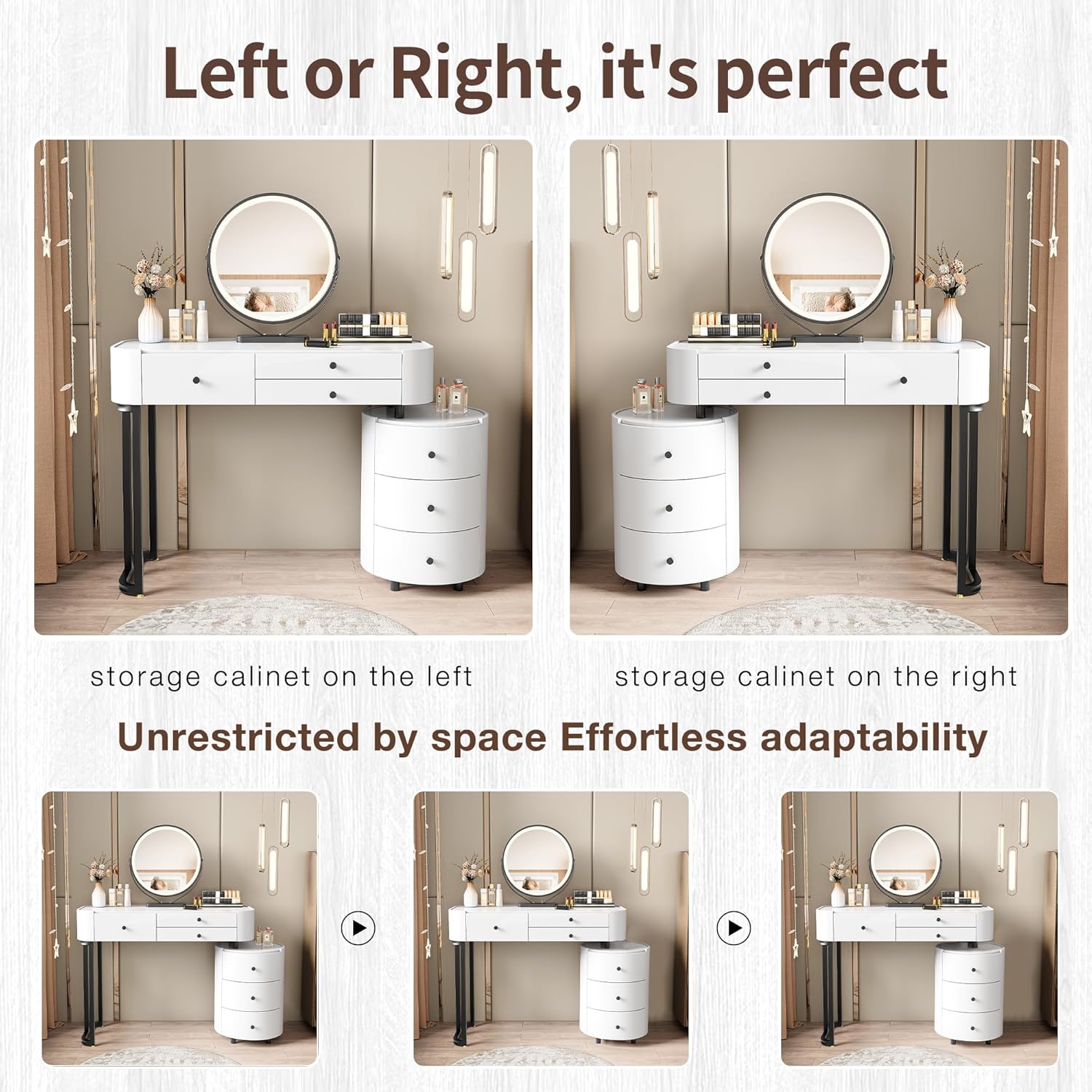 GOWE Modern Minimalist Dressing Table with Detachable Mirror and Rotatable Side Cabinet Makeup Table, Easy Assembly Vanity