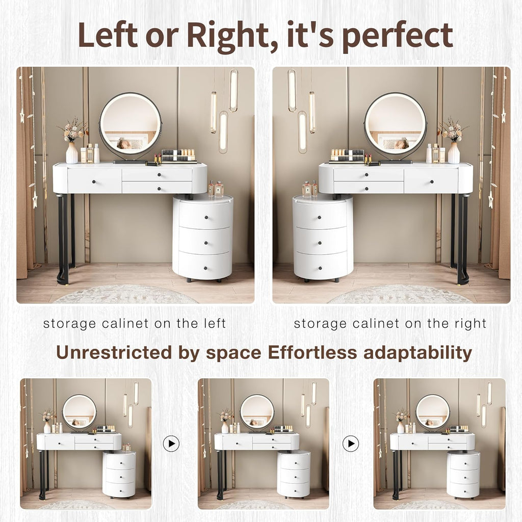 Modern Minimalist Dressing Table with Detachable Mirror and Rotatable Side Cabinet Makeup Table, Easy Assembly Vanity