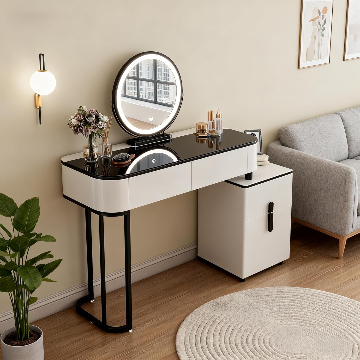 39" Modern Makeup Vanity Desk with Tempered Glass Top & LED Round Mirror, Adjustable Black and White Dressing Table with Reversible 3-Drawer Cabinet, Extendable Vanity Set for Small Bedroom