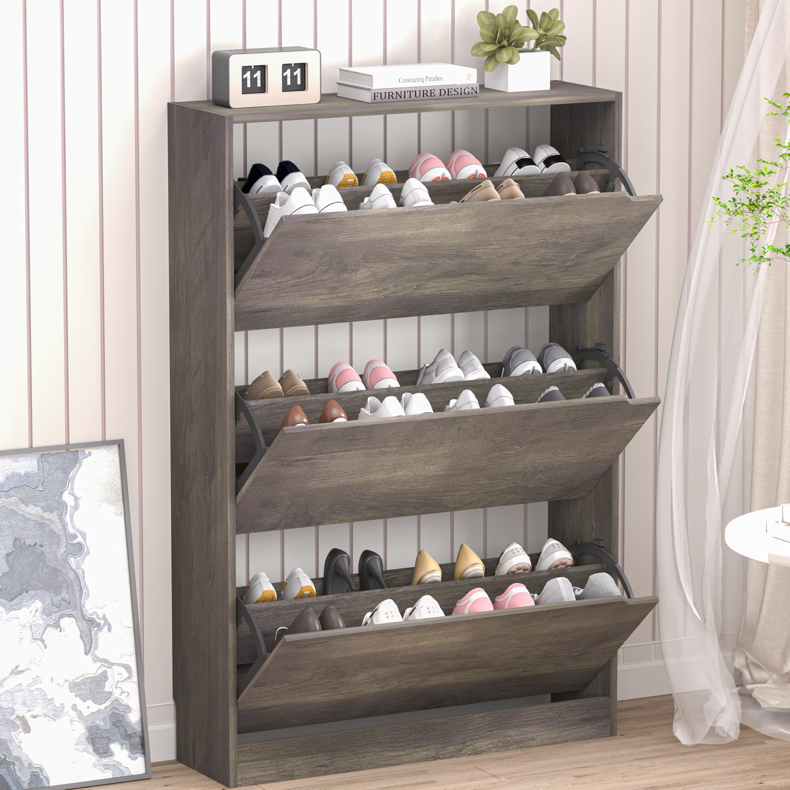 BORNOON Shoe Cabinet with 3 Flip Drawers, Hidden Wood Shoe Cabinet,Freestanding Shoe Storage Cabinet for Entryway Hallway.White. 47.2" H*31.5" W*9.45" D.