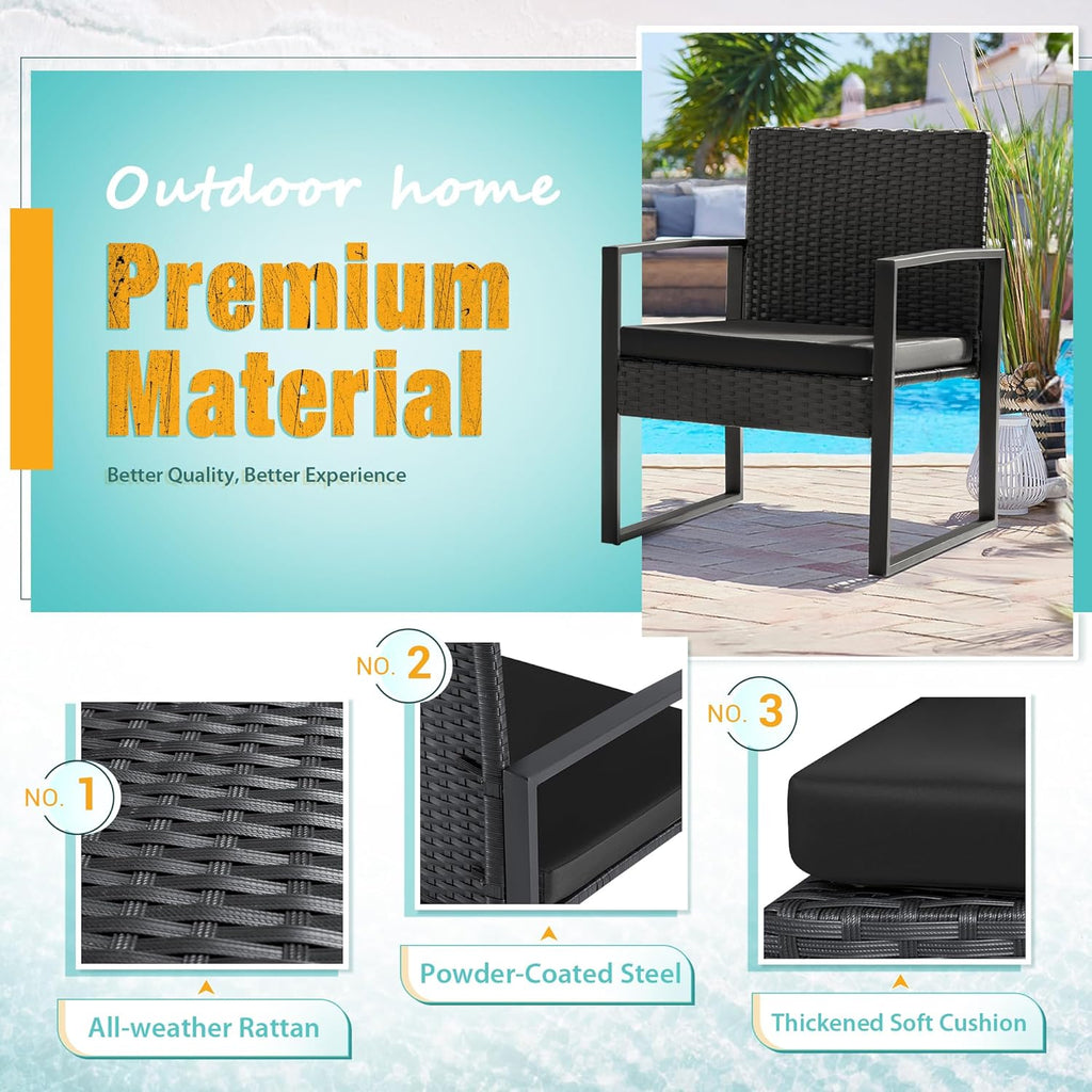 Flamaker 3 Pieces Outdoor Patio Wicker Furniture Set, Modern Rattan Chair Conversation Sets with Coffee Table for Yard and Bistro (Black)